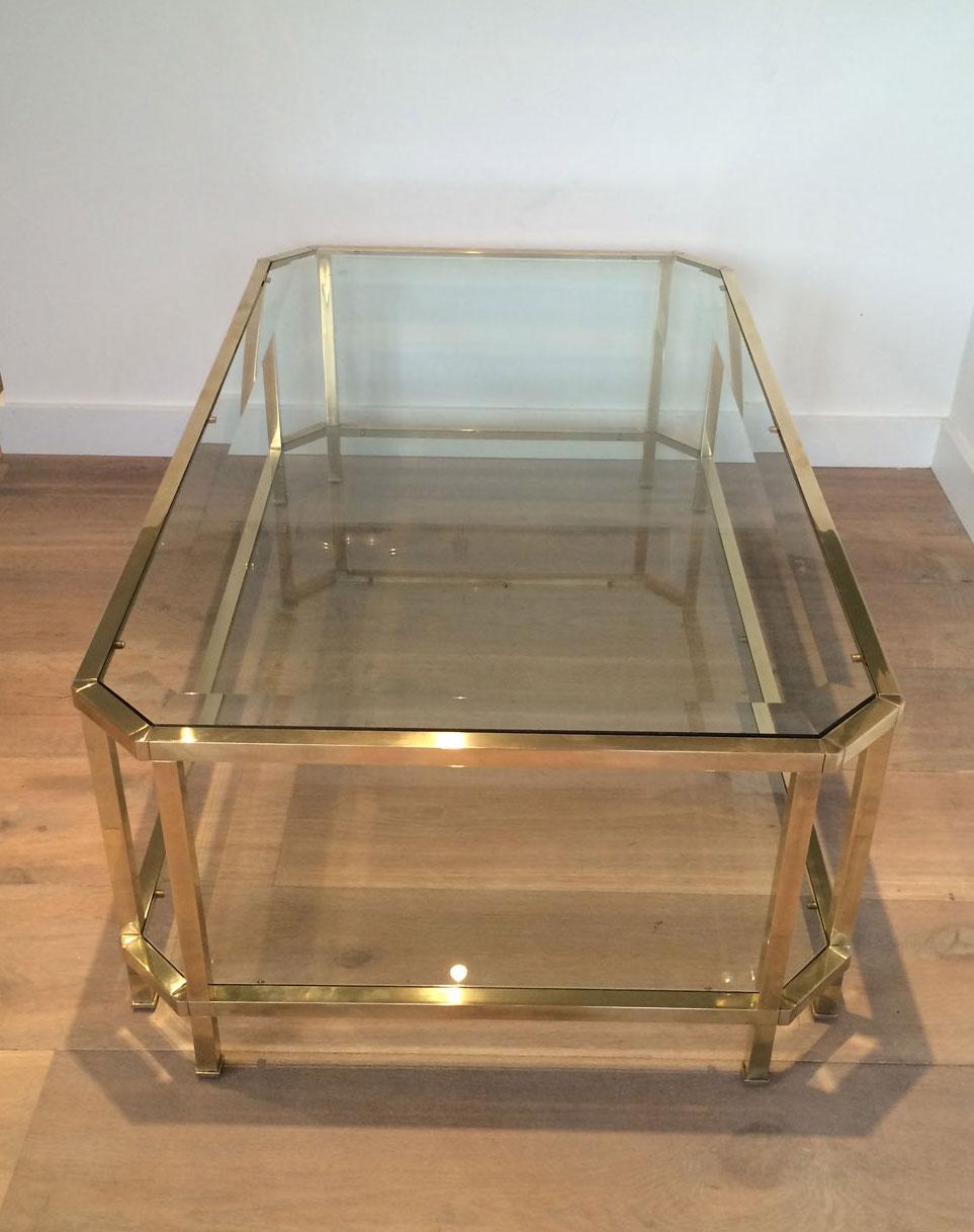 French Octogonal Brass Coffee Table with Two Glass Shelves For Sale
