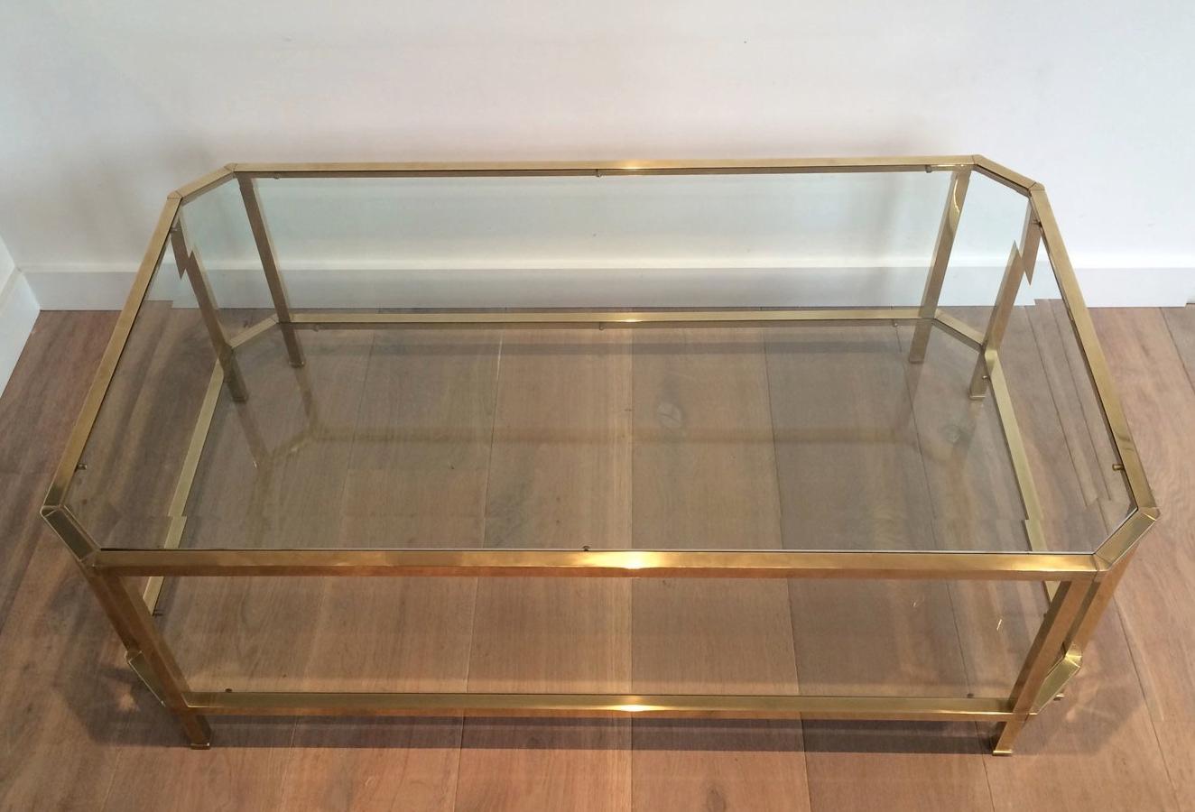 Octogonal Brass Coffee Table with Two Glass Shelves For Sale 1