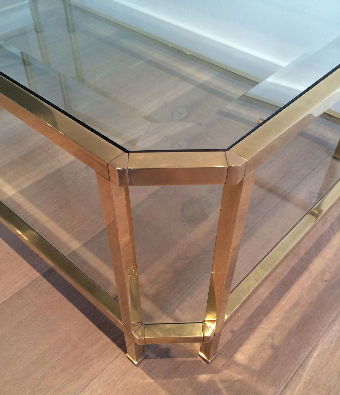 Octogonal Brass Coffee Table with Two Glass Shelves For Sale 2