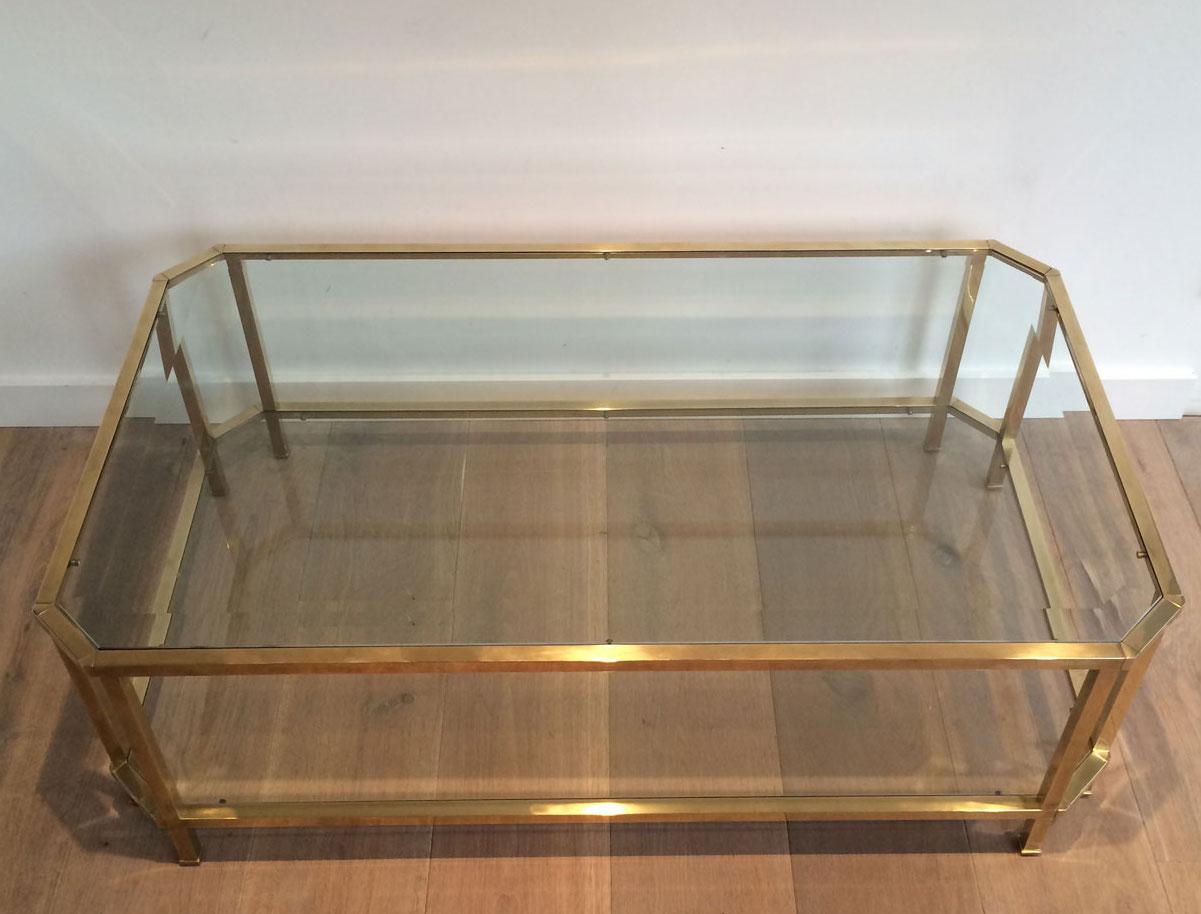 Octogonal Brass Coffee Table with Two Glass Shelves For Sale 3