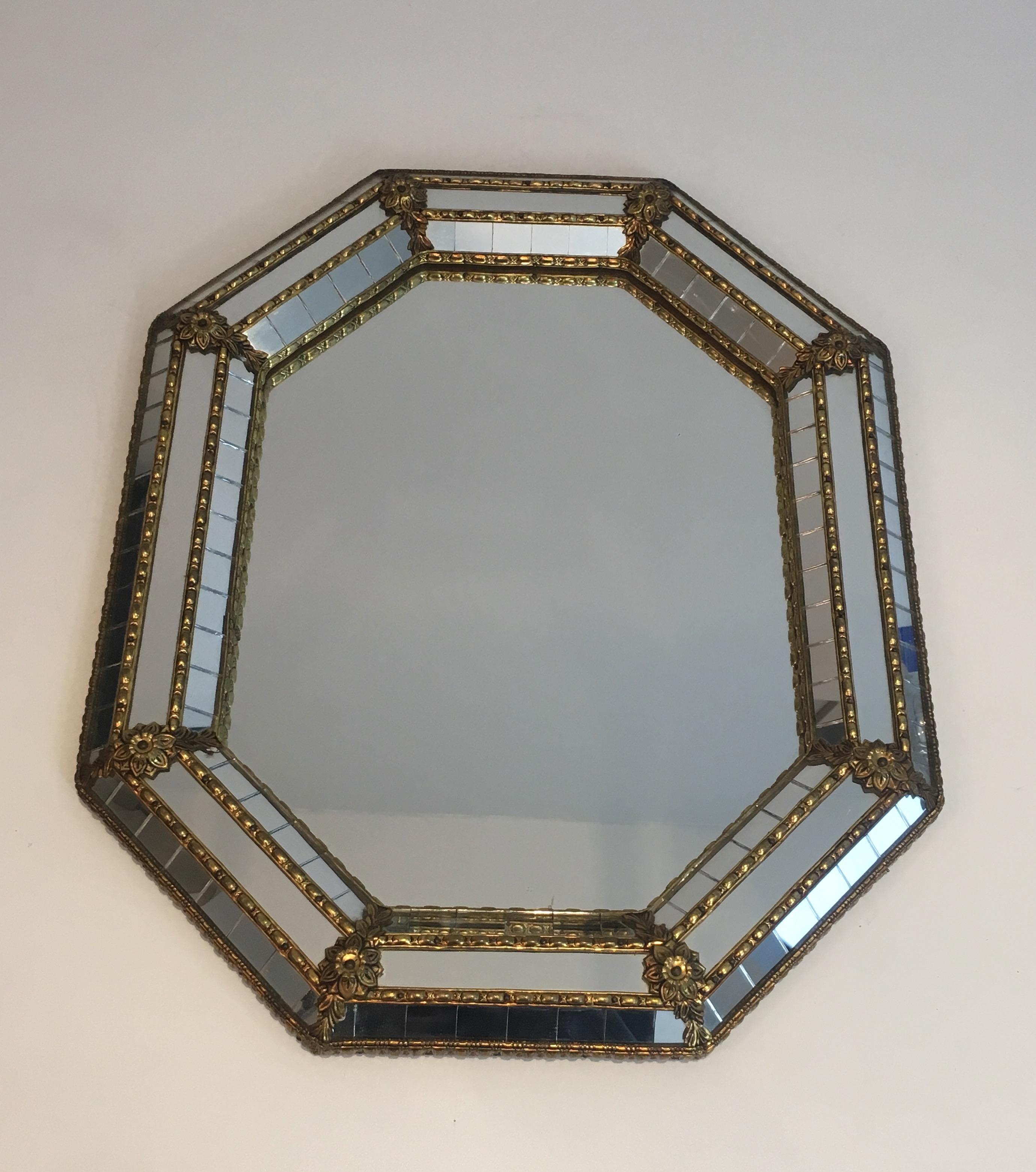 Octogonal Brass Garlands and Flowers Mirror Faceted with Small Mirrors 7