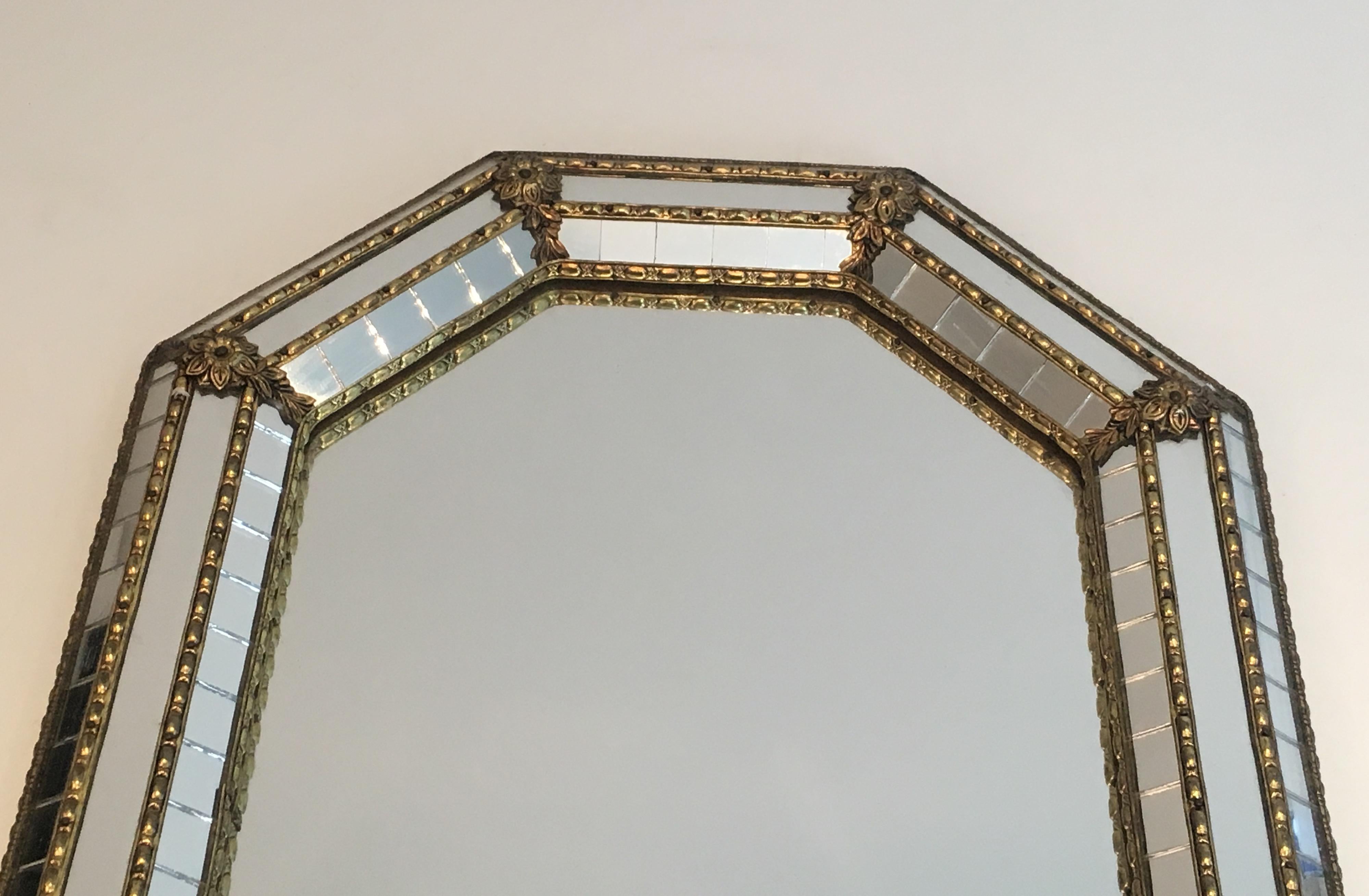 French Octogonal Brass Garlands and Flowers Mirror Faceted with Small Mirrors