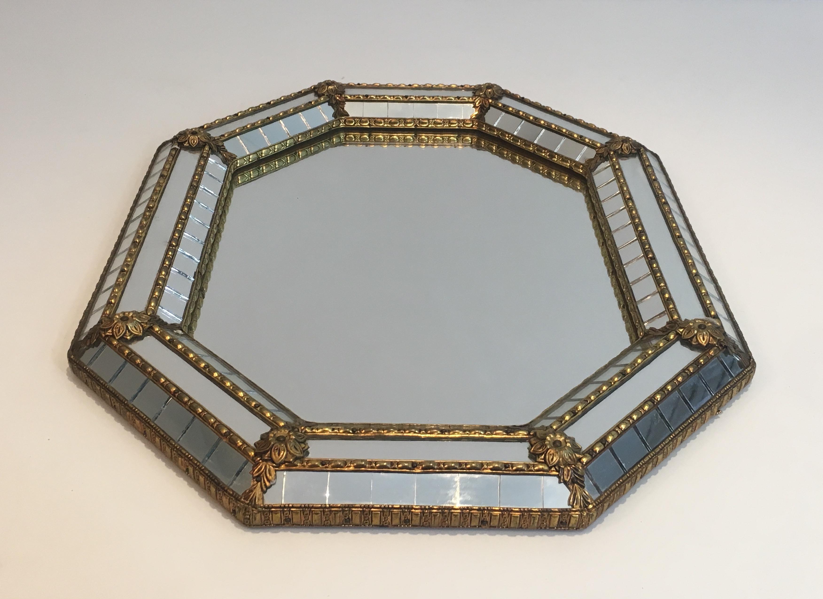 Octogonal Brass Garlands and Flowers Mirror Faceted with Small Mirrors 2