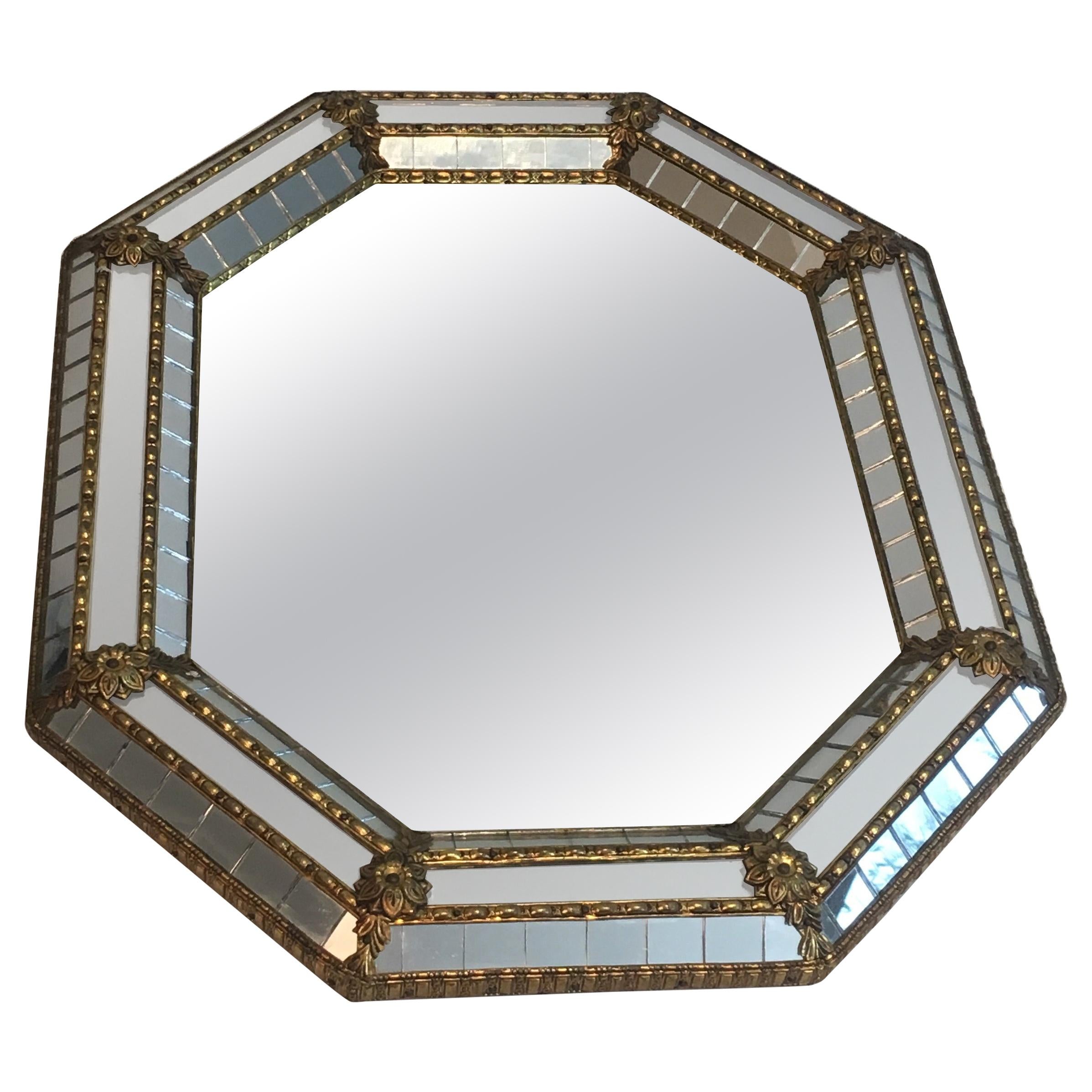Octogonal Brass Garlands and Flowers Mirror Faceted with Small Mirrors