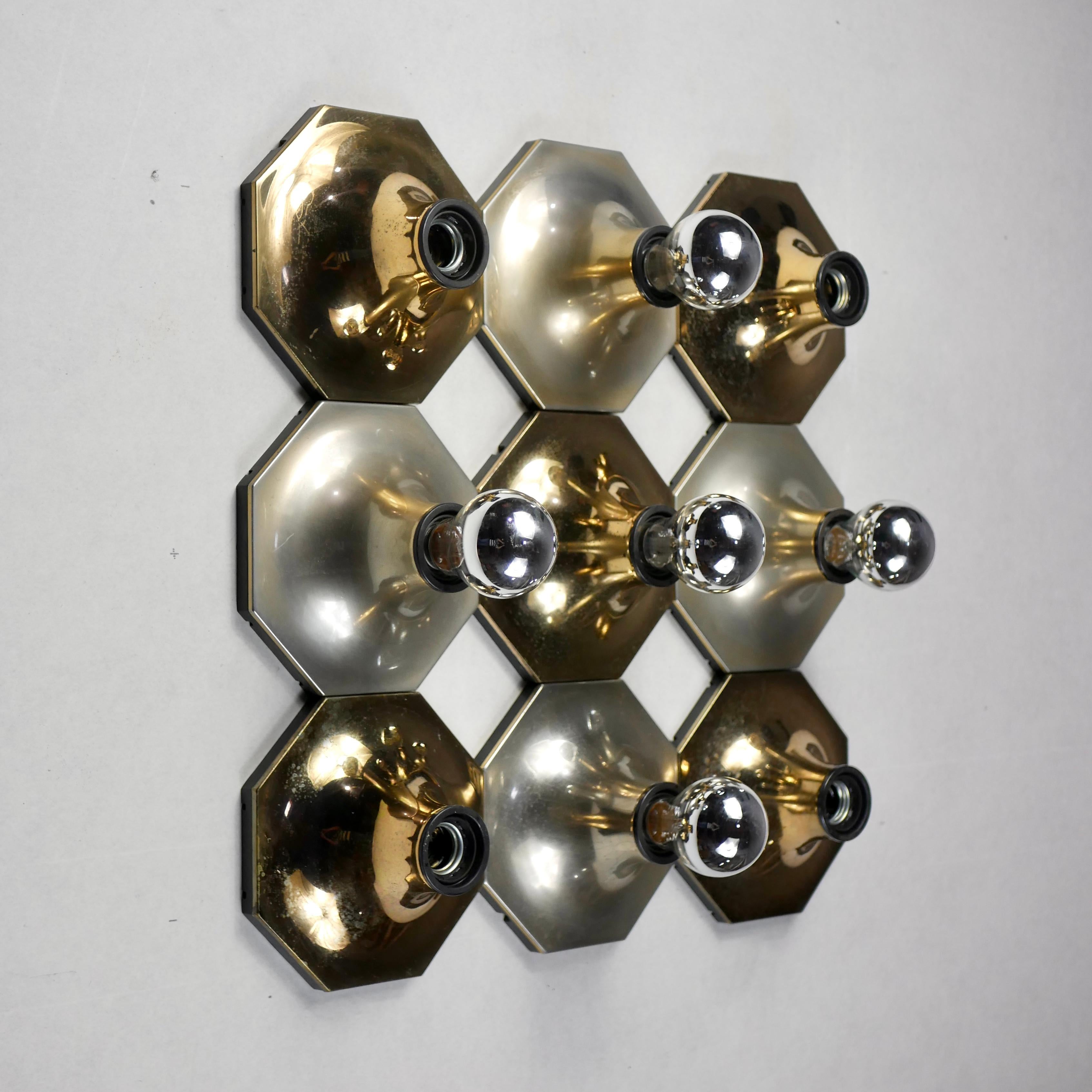 Space Age Octogonal Brass Wall Lights from Motoko Ishii for Dil Italy, 1970s