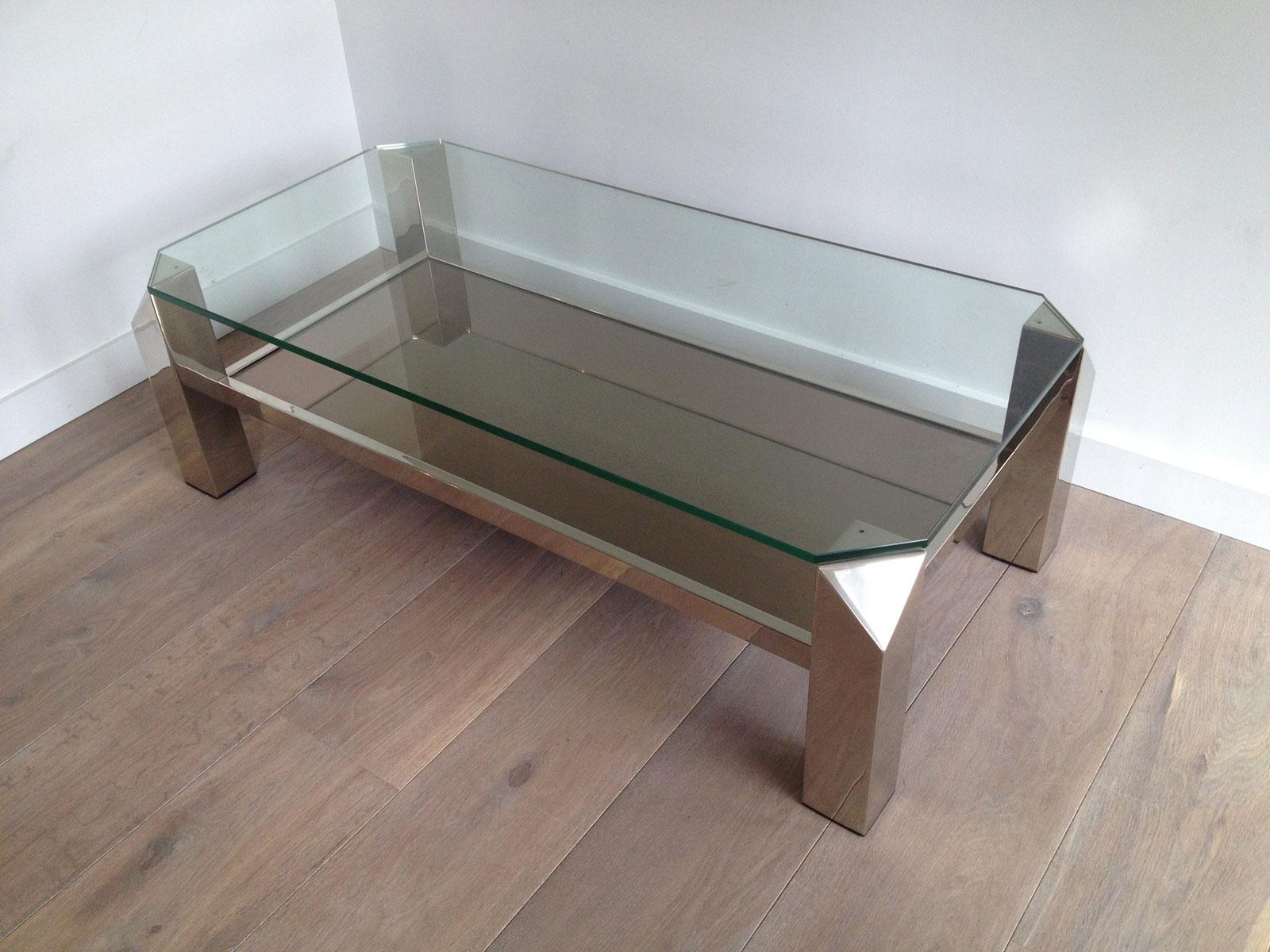 Table basse chromée de conception octogonale avec verre transparent et étagères en miroir, œuvre française en vente 4
