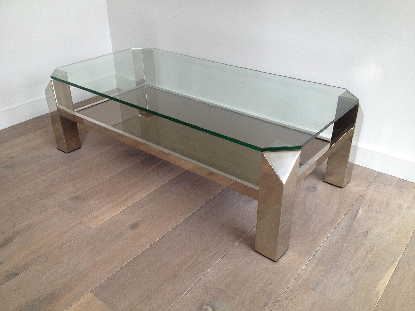 Table basse chromée de conception octogonale avec verre transparent et étagères en miroir, œuvre française en vente 5