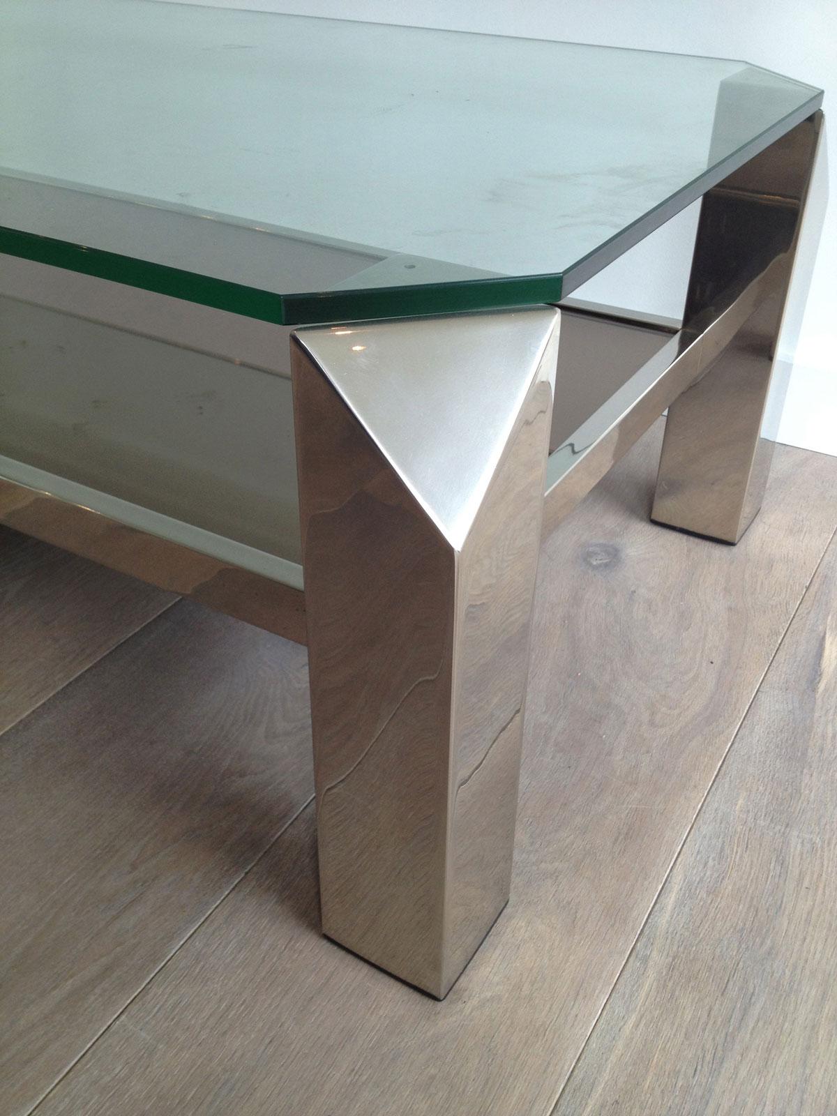 Français Table basse chromée de conception octogonale avec verre transparent et étagères en miroir, œuvre française en vente