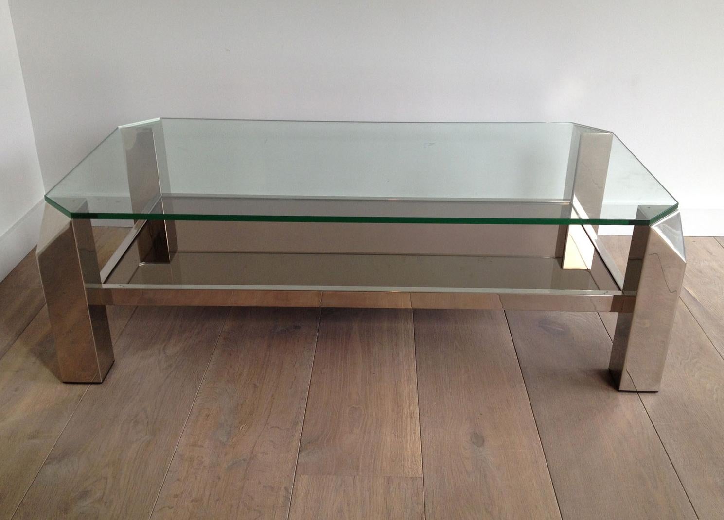 Fin du 20e siècle Table basse chromée de conception octogonale avec verre transparent et étagères en miroir, œuvre française en vente