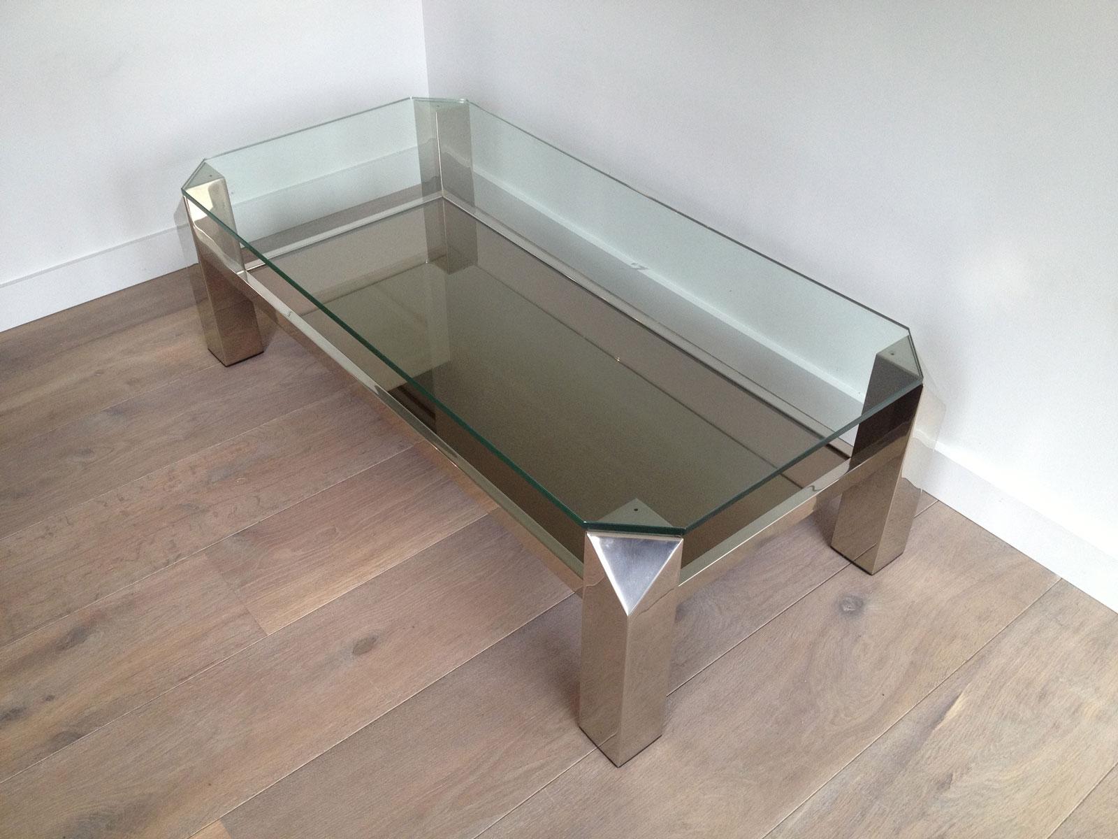 Table basse chromée de conception octogonale avec verre transparent et étagères en miroir, œuvre française en vente 1
