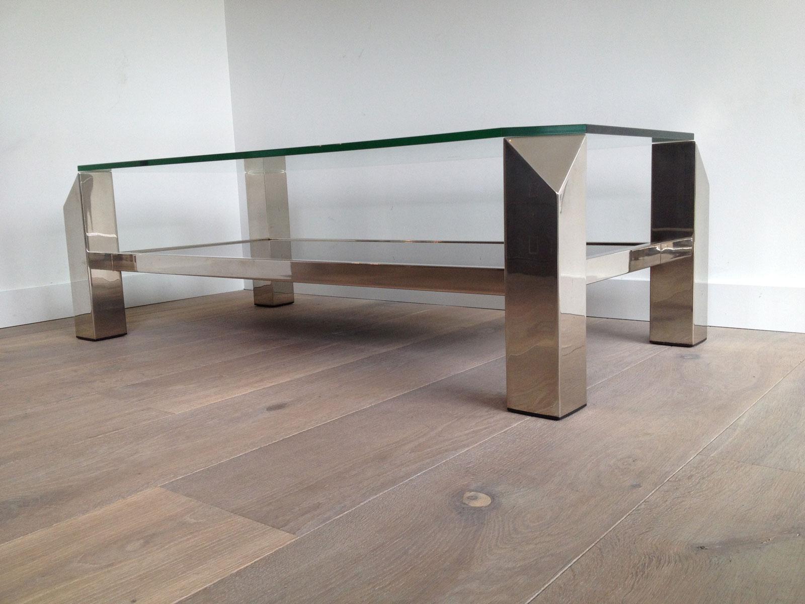 Table basse chromée de conception octogonale avec verre transparent et étagères en miroir, œuvre française en vente 2