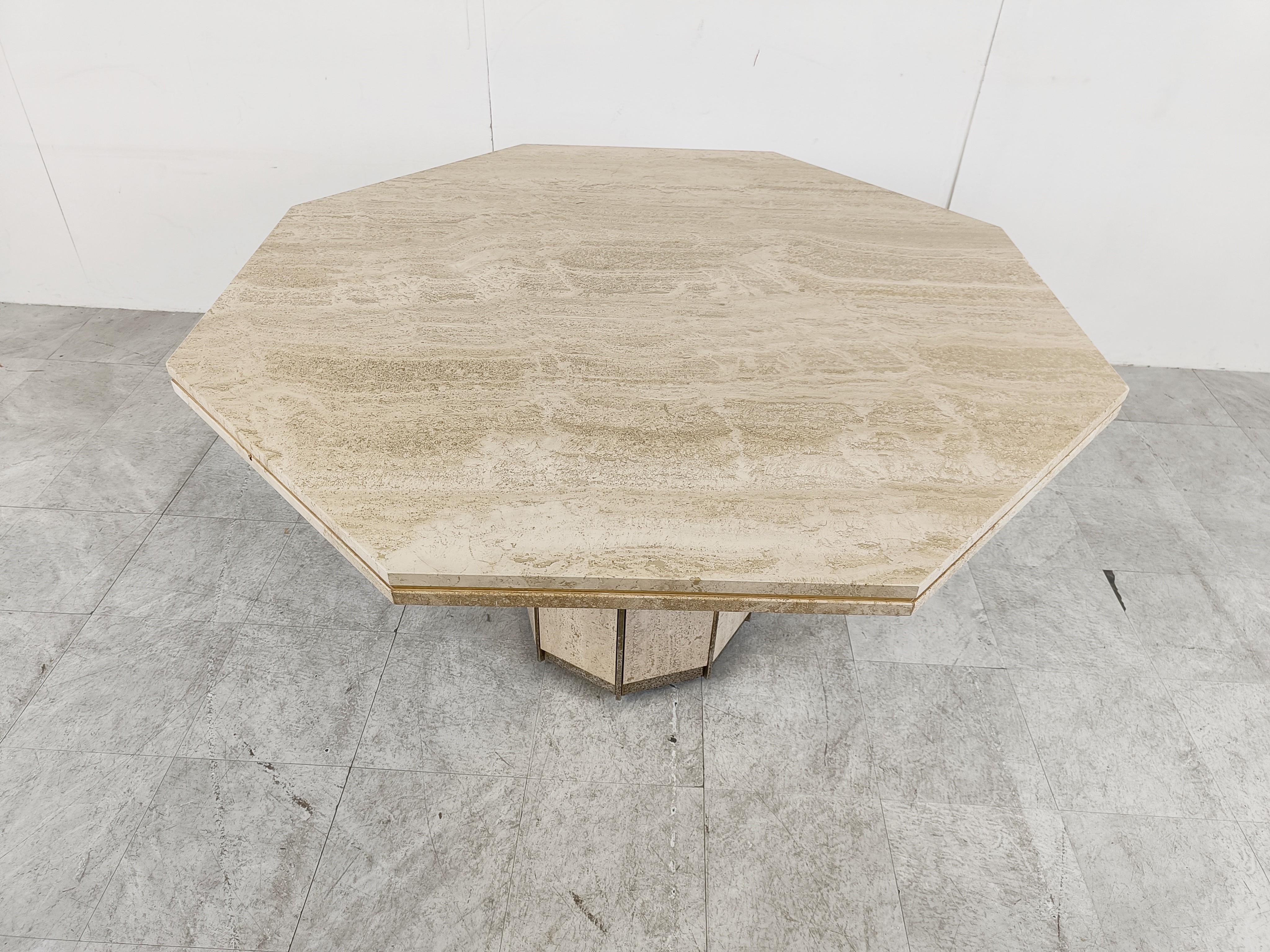 Hollywood Regency Octogonal Italian Travertine and Brass Dining Table, 1970s For Sale