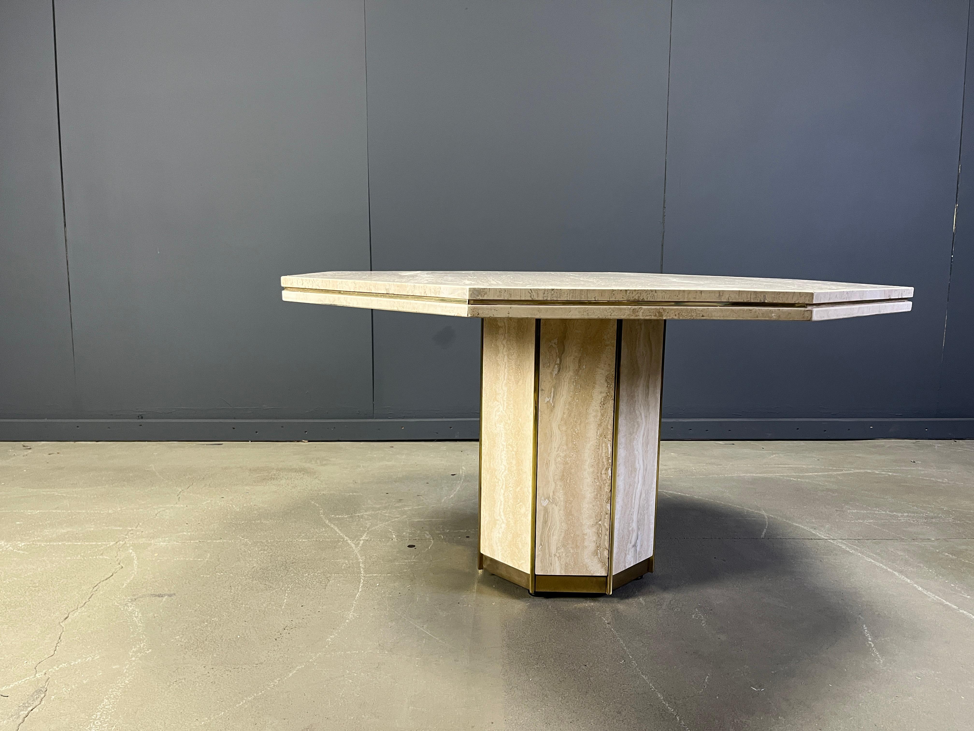Hollywood Regency Octogonal Italian Travertine and Brass Dining Table, 1970s For Sale
