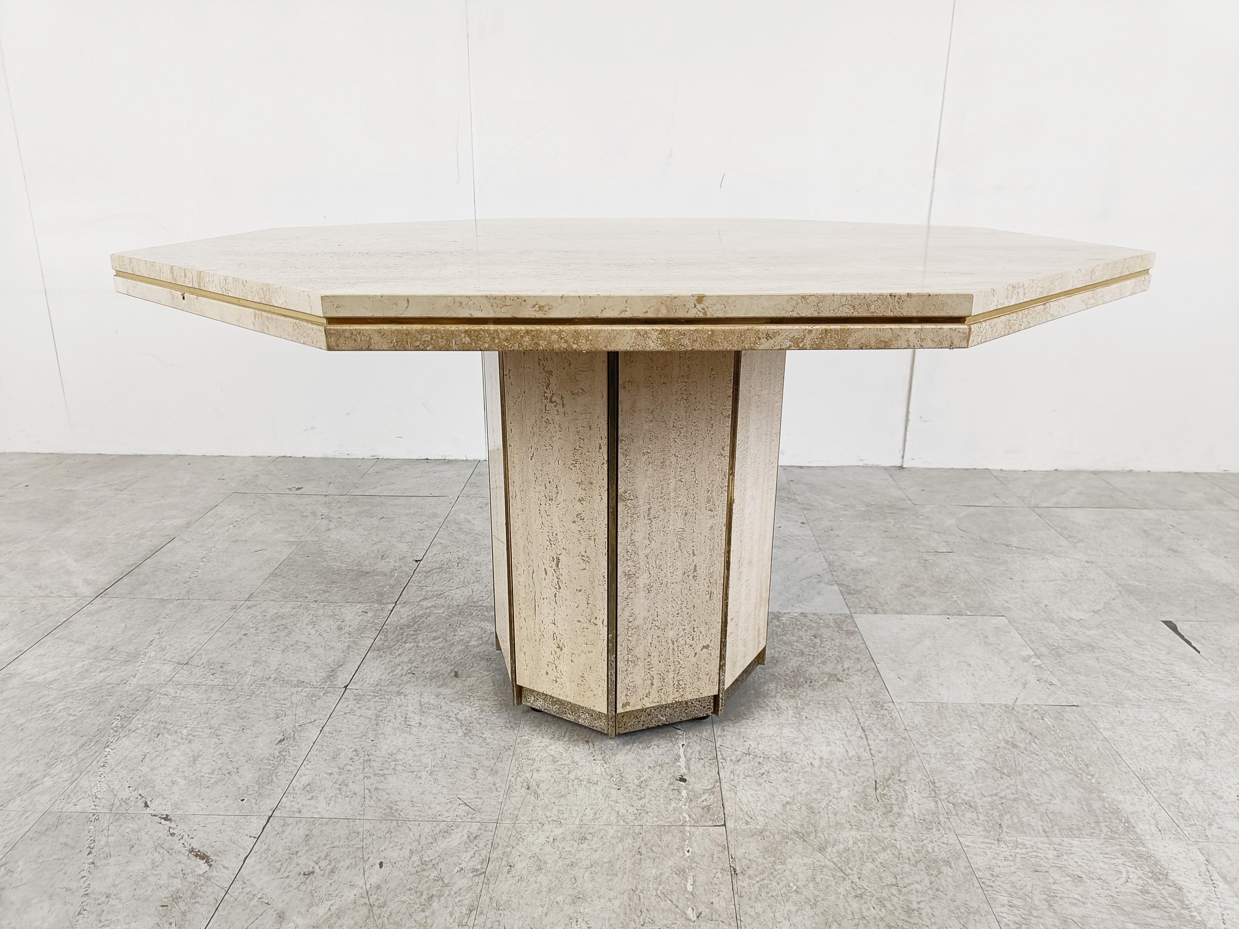 Late 20th Century Octogonal Italian Travertine and Brass Dining Table, 1970s For Sale