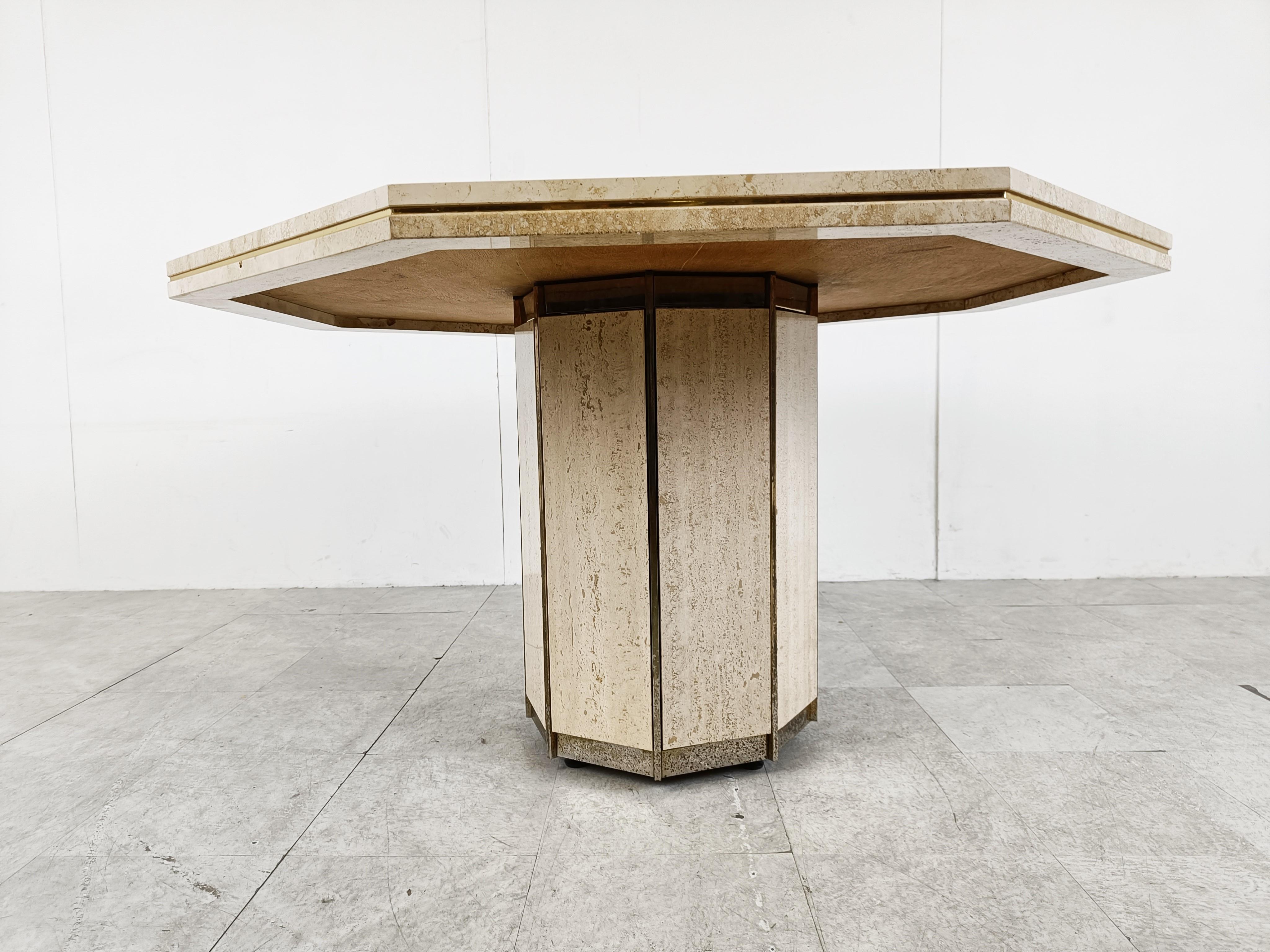 Octogonal Italian Travertine and Brass Dining Table, 1970s For Sale 1