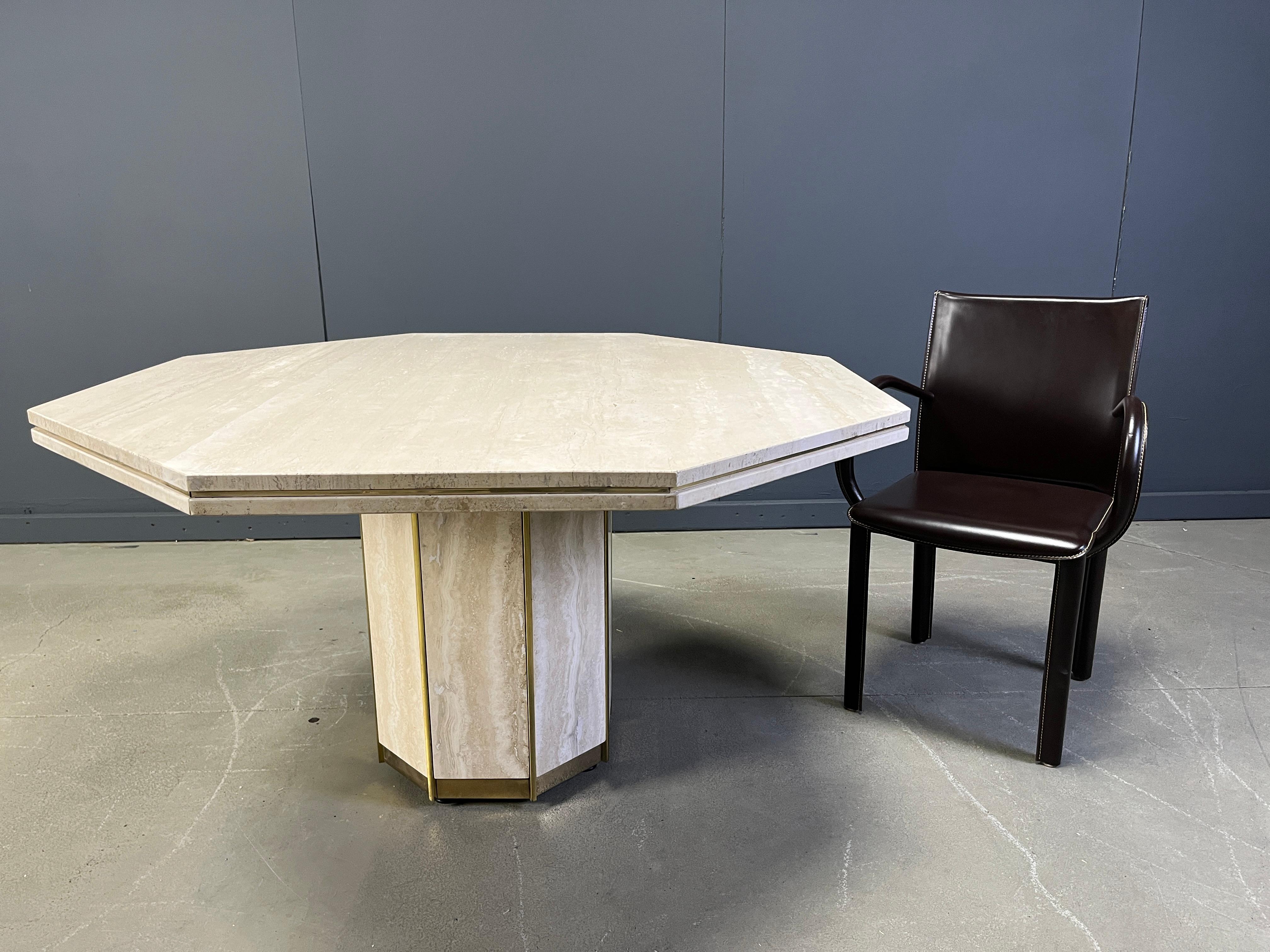 Octogonal Italian Travertine and Brass Dining Table, 1970s For Sale 1