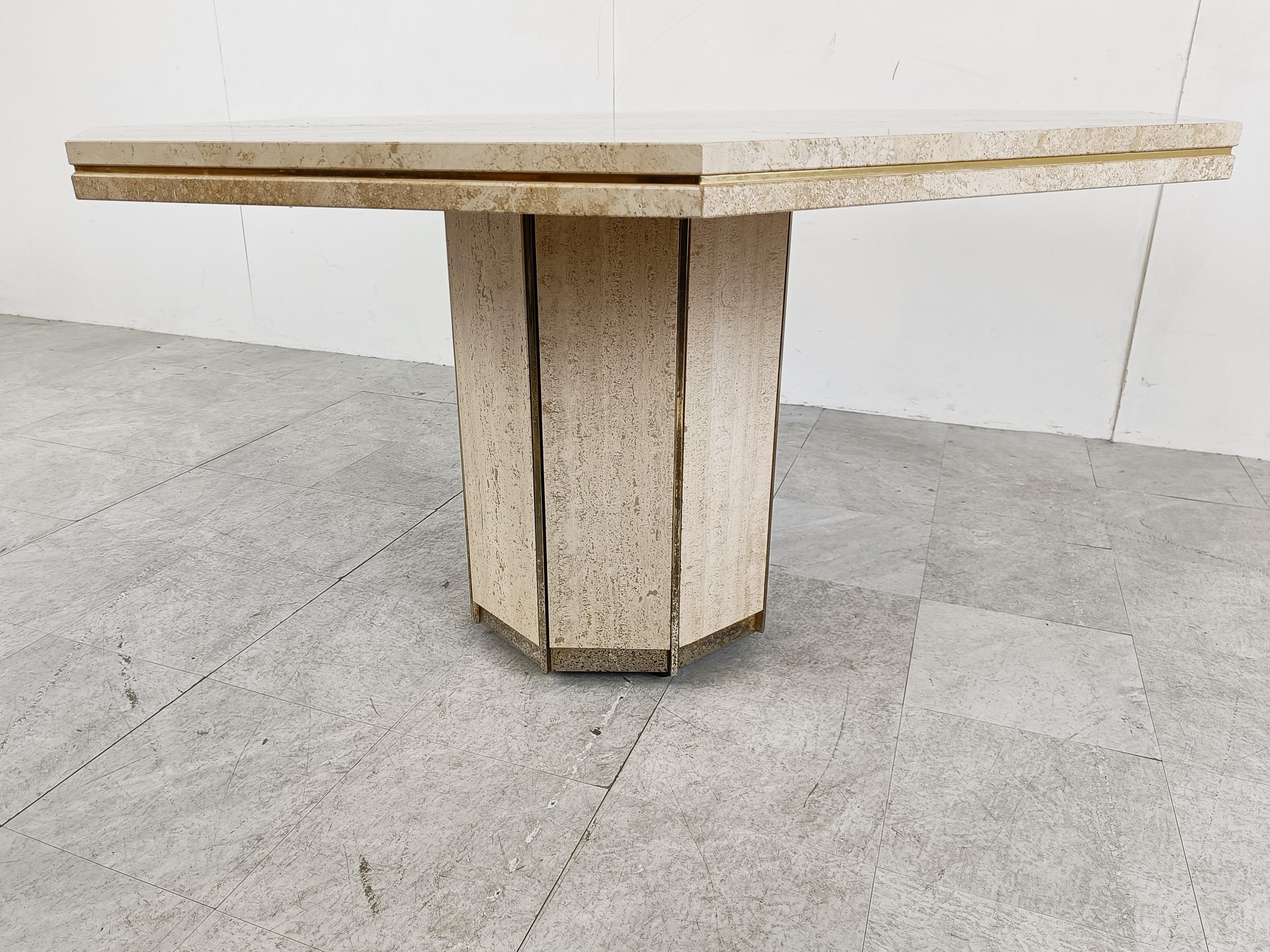 Octogonal Italian Travertine and Brass Dining Table, 1970s For Sale 3