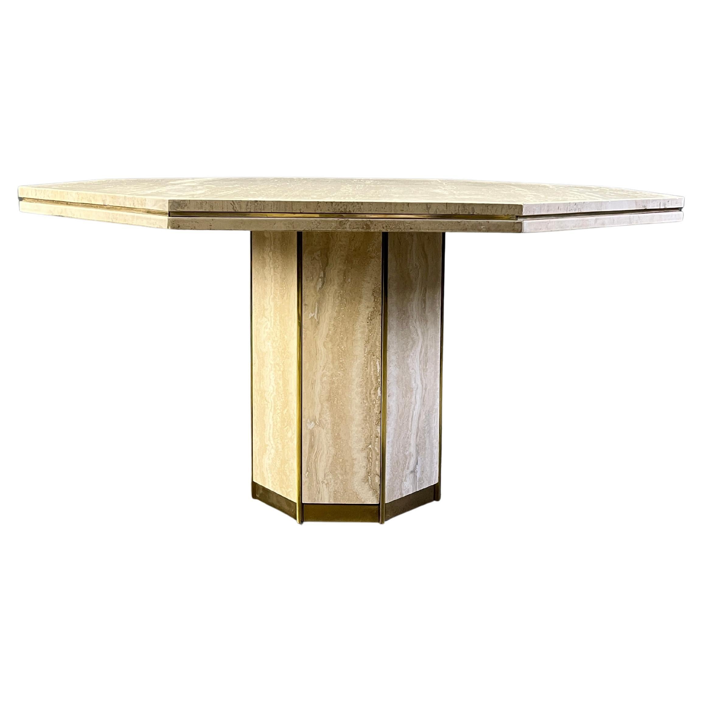 Octogonal Italian Travertine and Brass Dining Table, 1970s