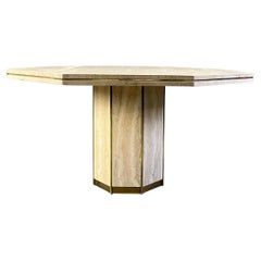 Octogonal Italian Travertine and Brass Dining Table, 1970s