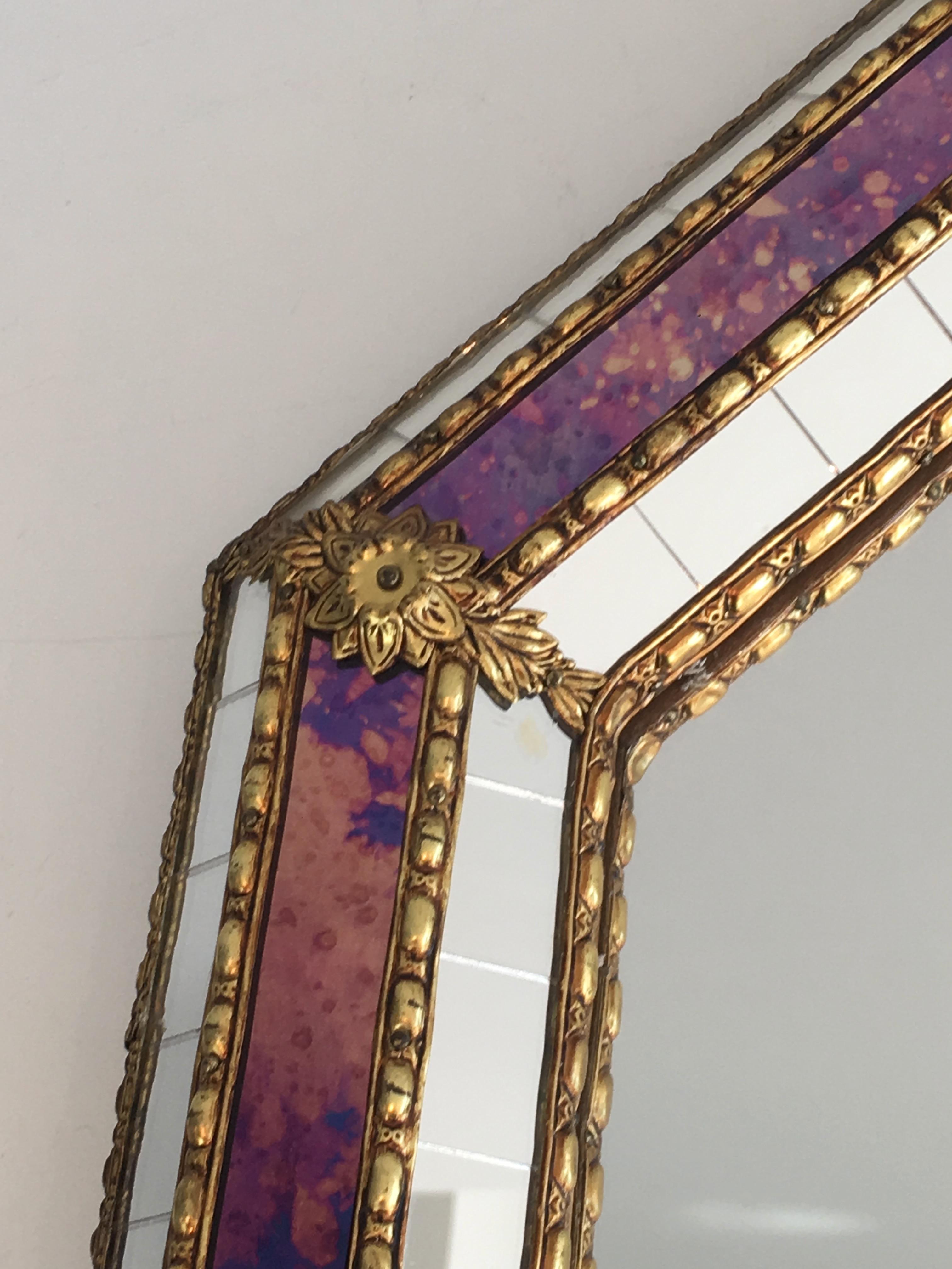 Octogonal Mirror made of Brass Garlands and Flowers and Mirror Faceted, French 6