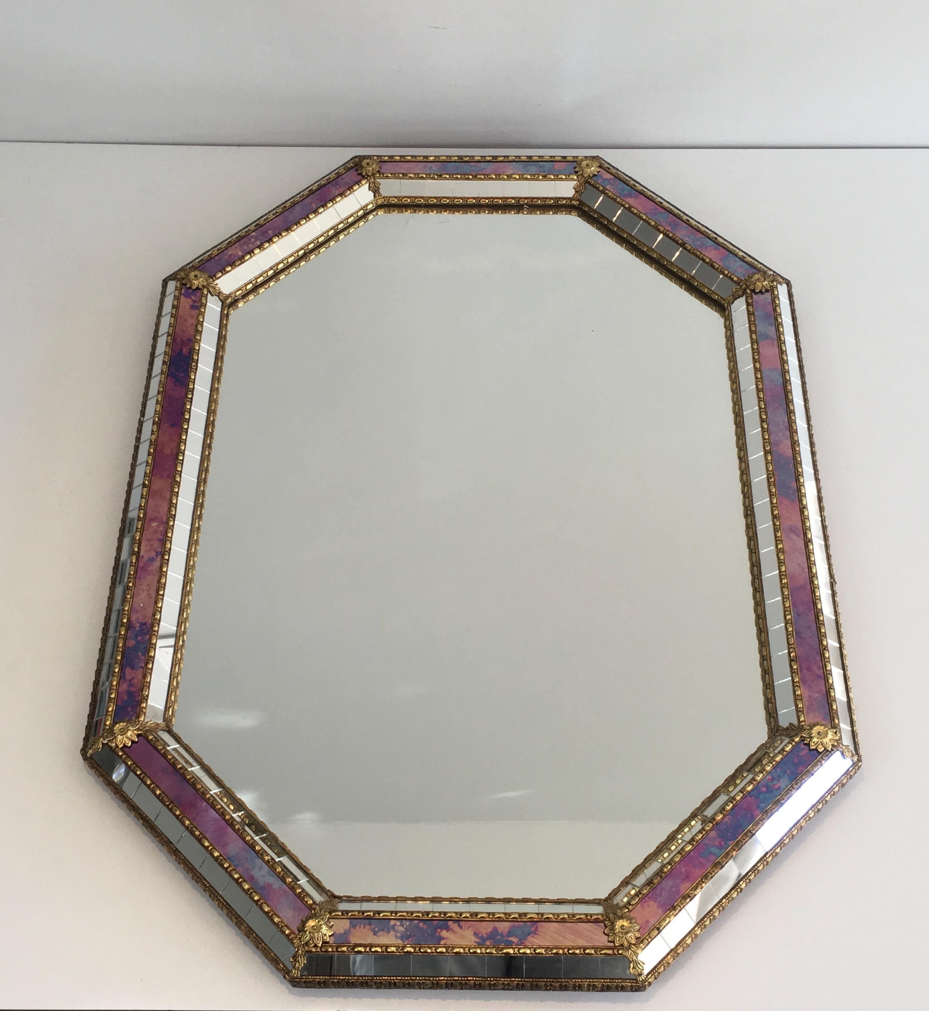 Octogonal Mirror made of Brass Garlands and Flowers and Mirror Faceted, French 7