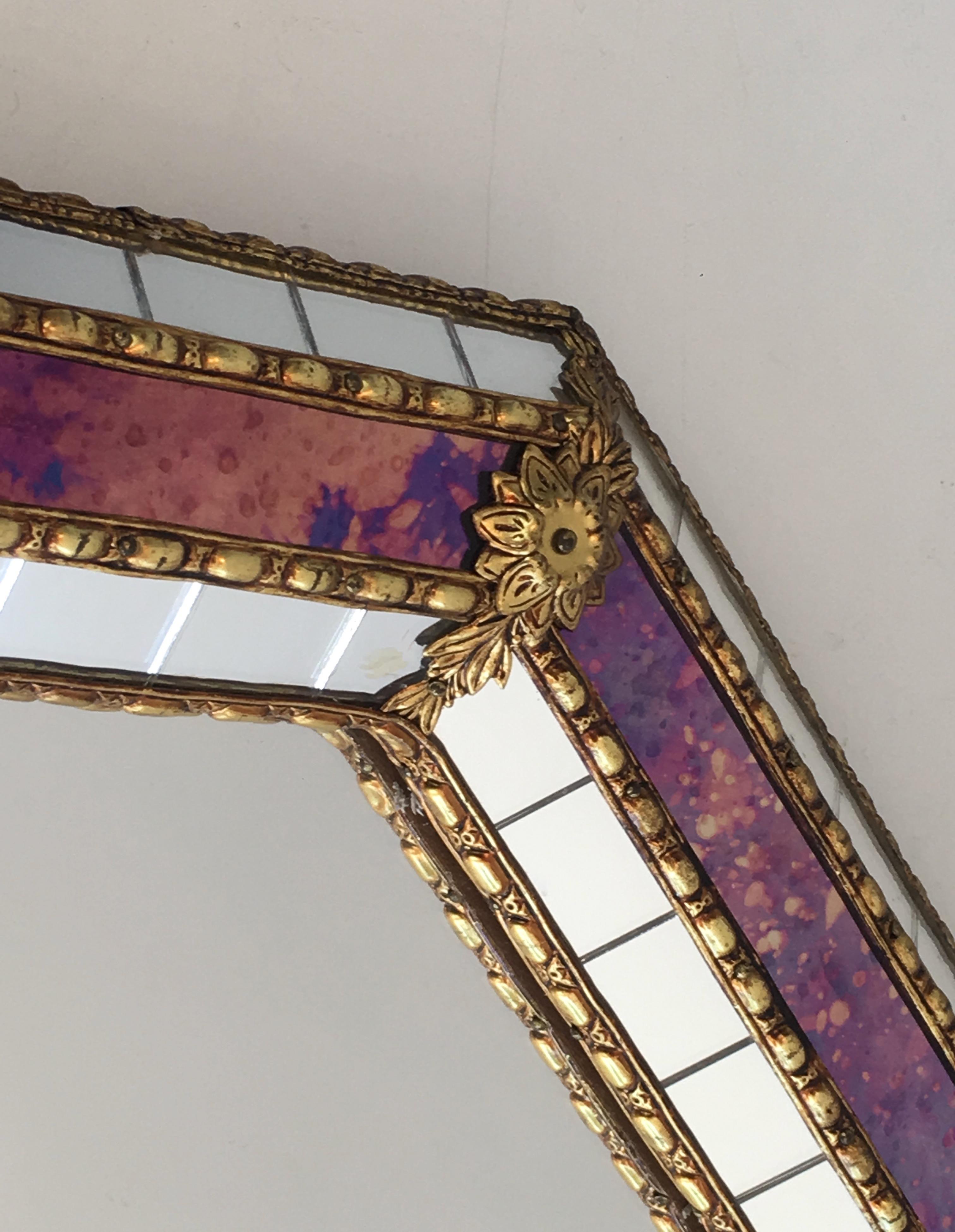 Octogonal Mirror made of Brass Garlands and Flowers and Mirror Faceted, French 9