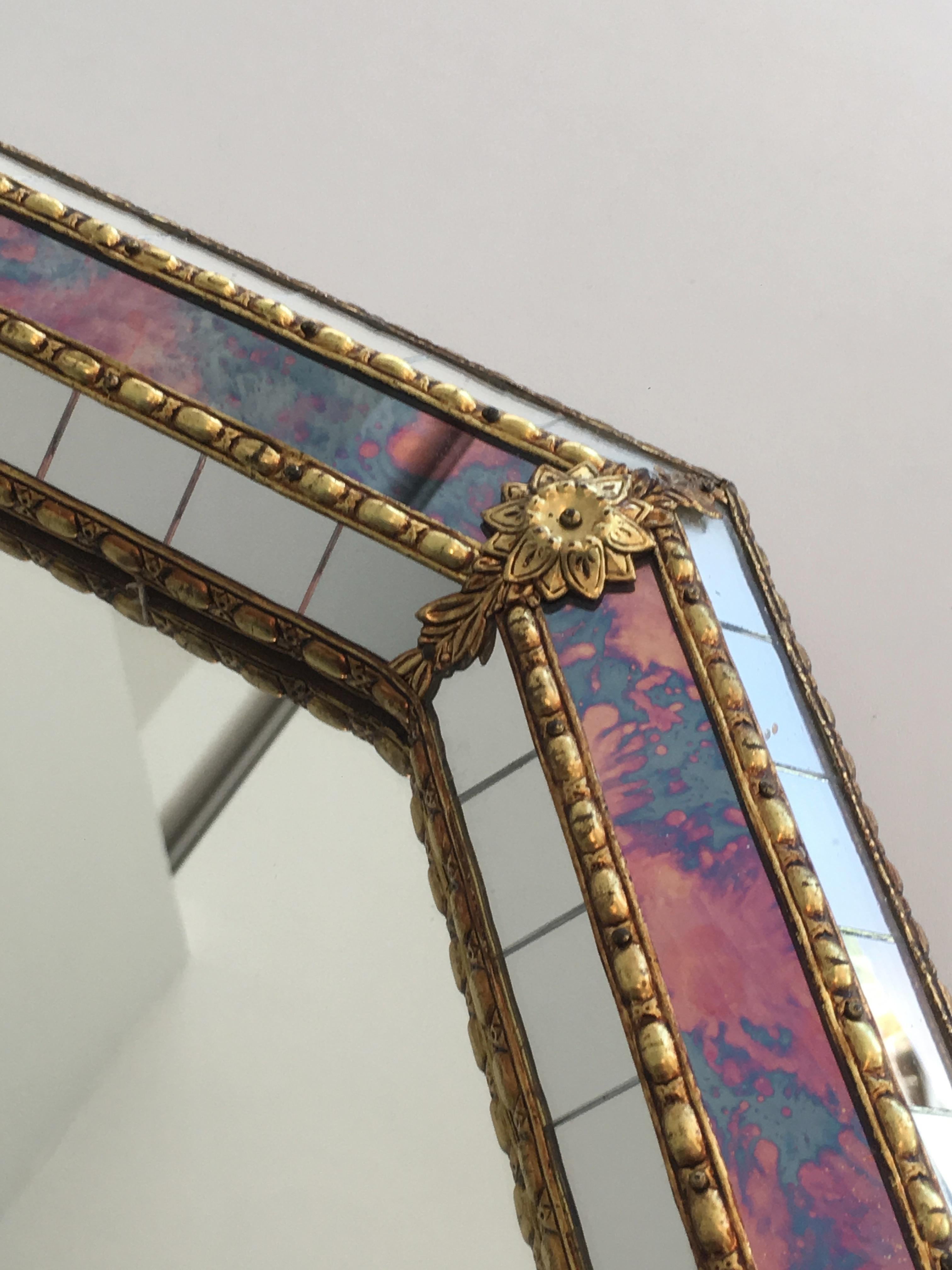 Octogonal Mirror made of Brass Garlands and Flowers and Mirror Faceted, French 11