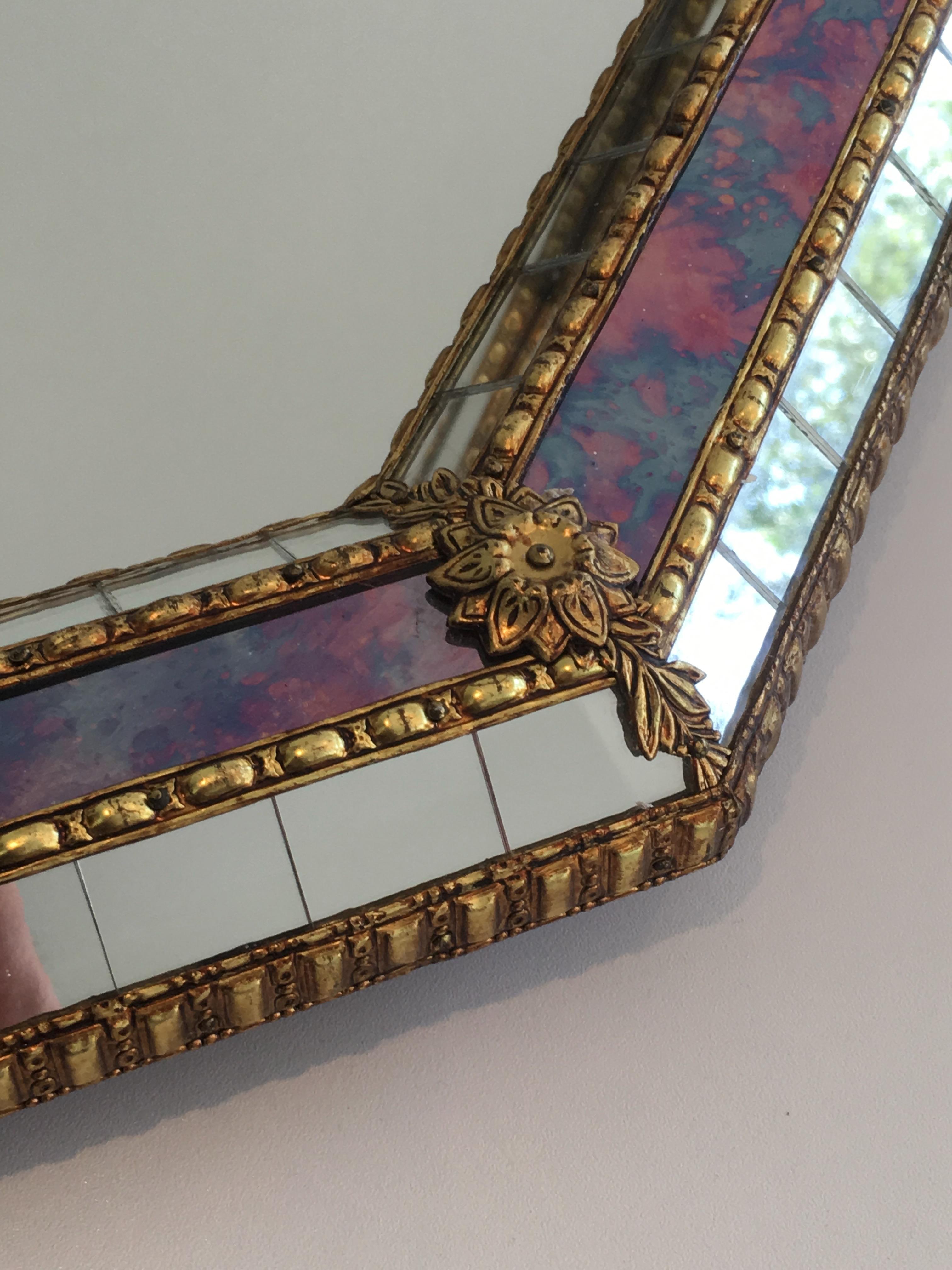 Octogonal Mirror made of Brass Garlands and Flowers and Mirror Faceted, French 12