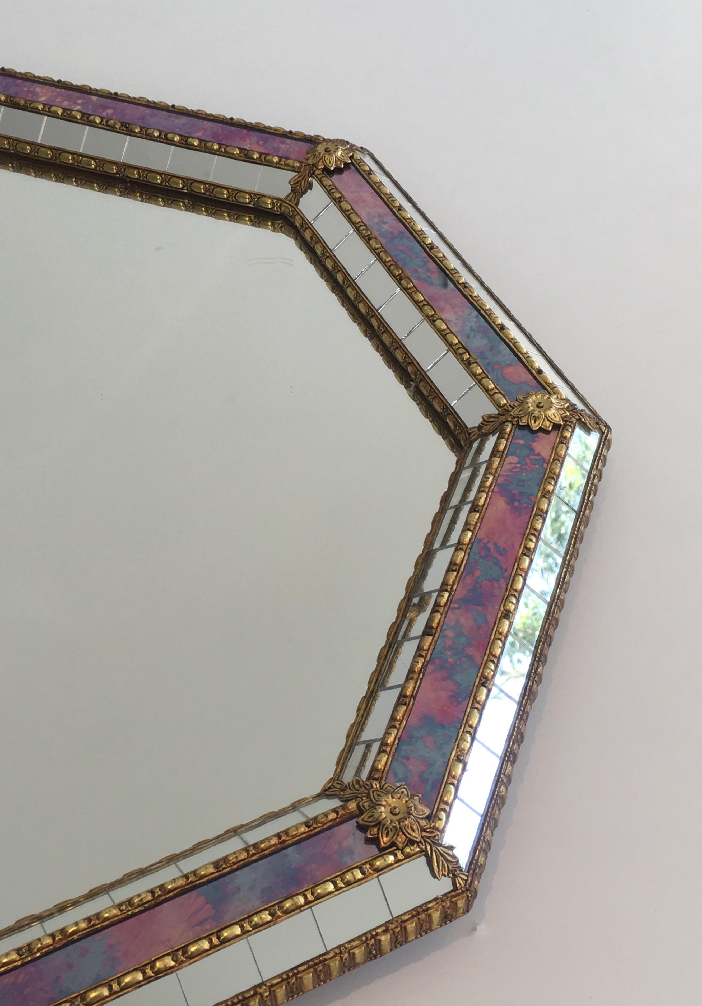 Octogonal Mirror made of Brass Garlands and Flowers and Mirror Faceted, French 13