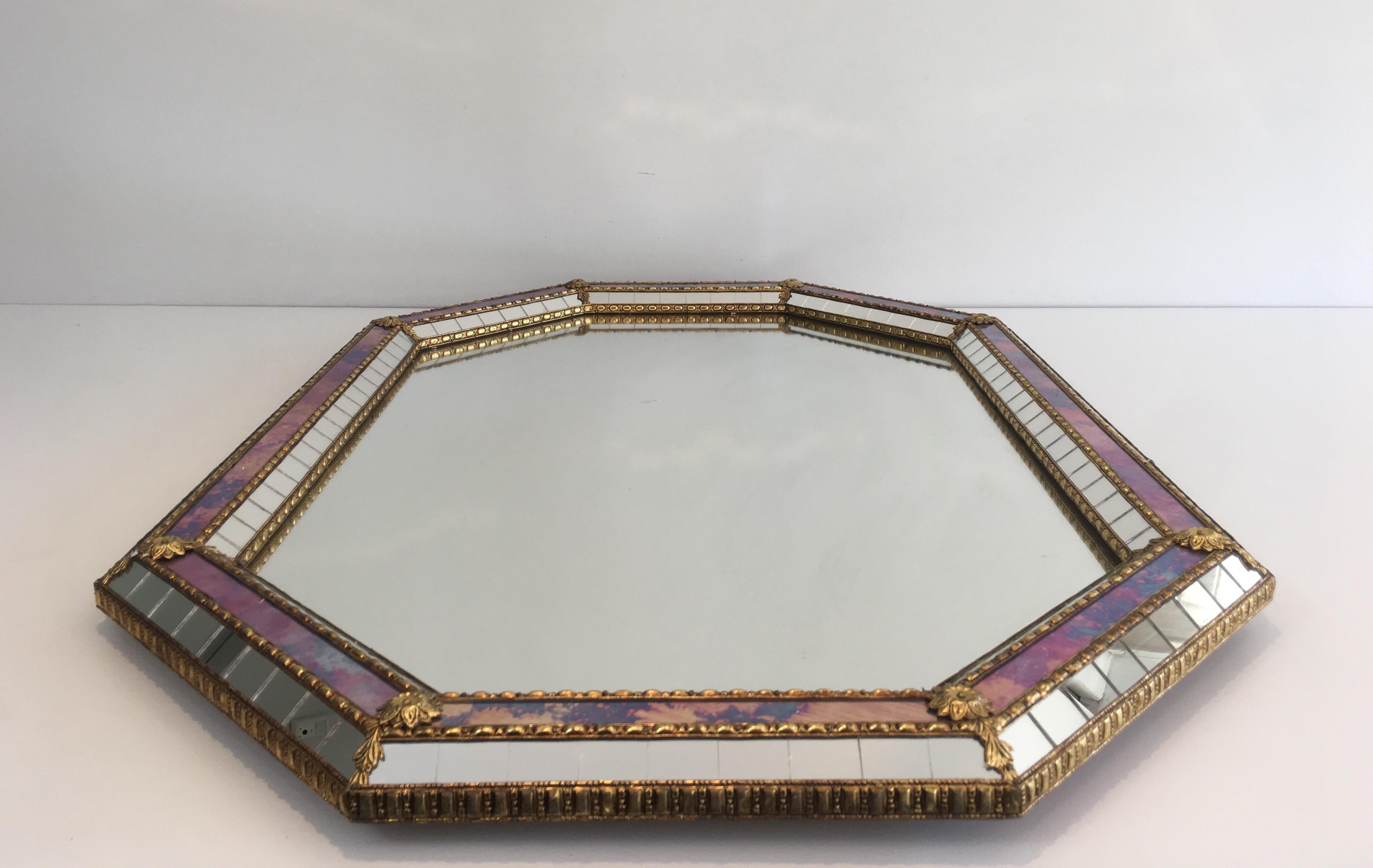 Octogonal Mirror made of Brass Garlands and Flowers and Mirror Faceted, French 14