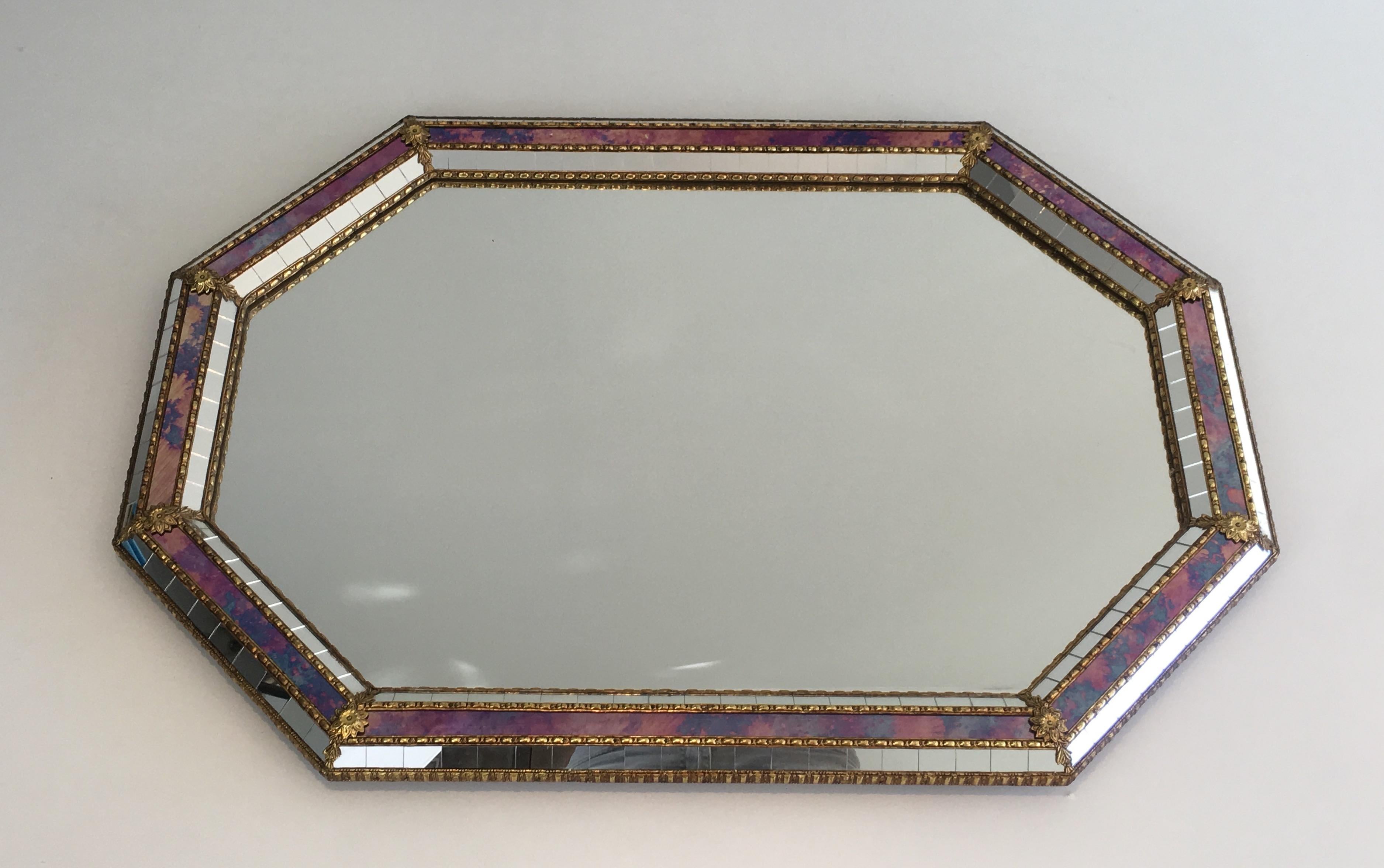 Octogonal Mirror made of Brass Garlands and Flowers and Mirror Faceted, French 15