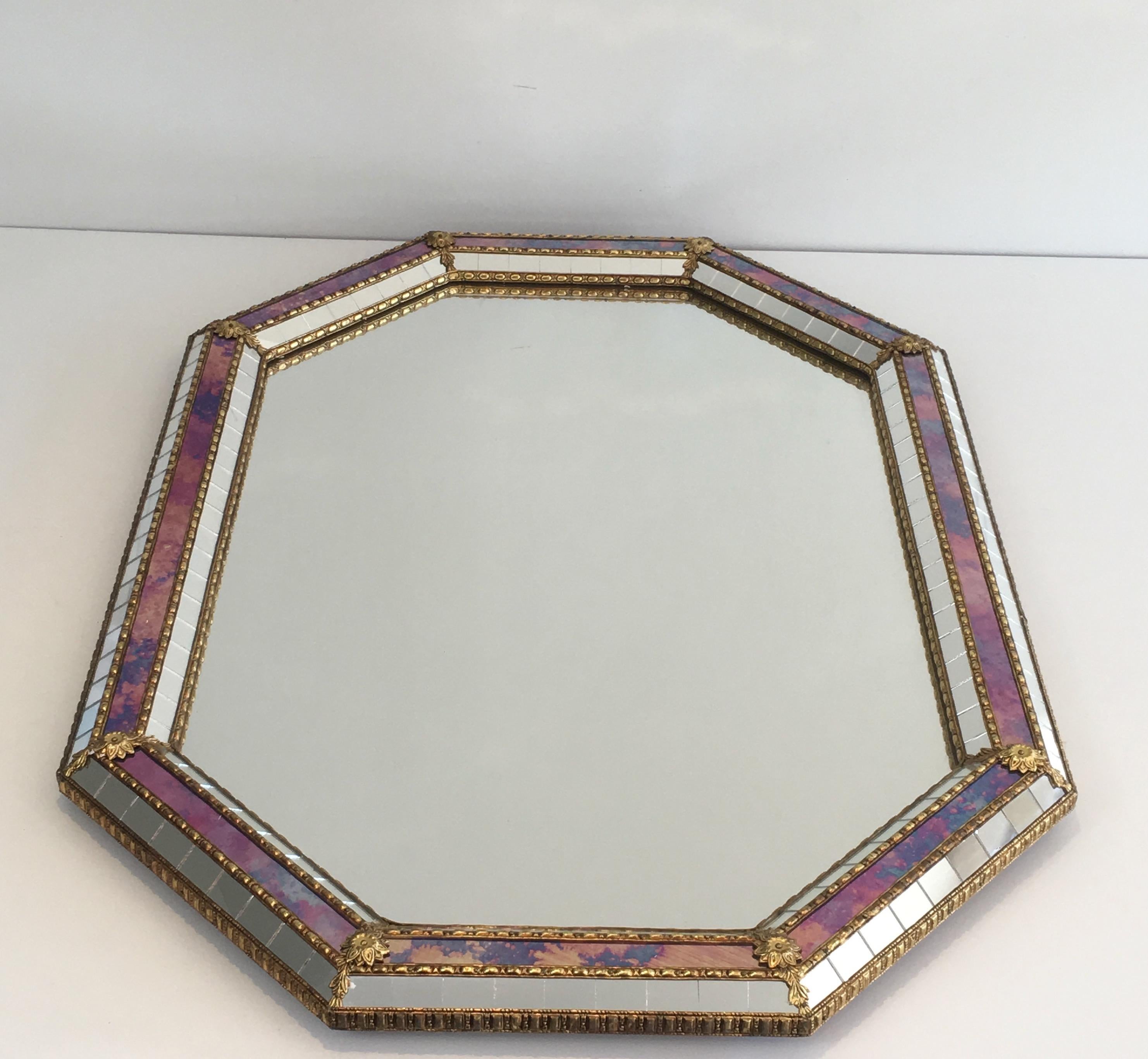 Mid-Century Modern Octogonal Mirror made of Brass Garlands and Flowers and Mirror Faceted, French