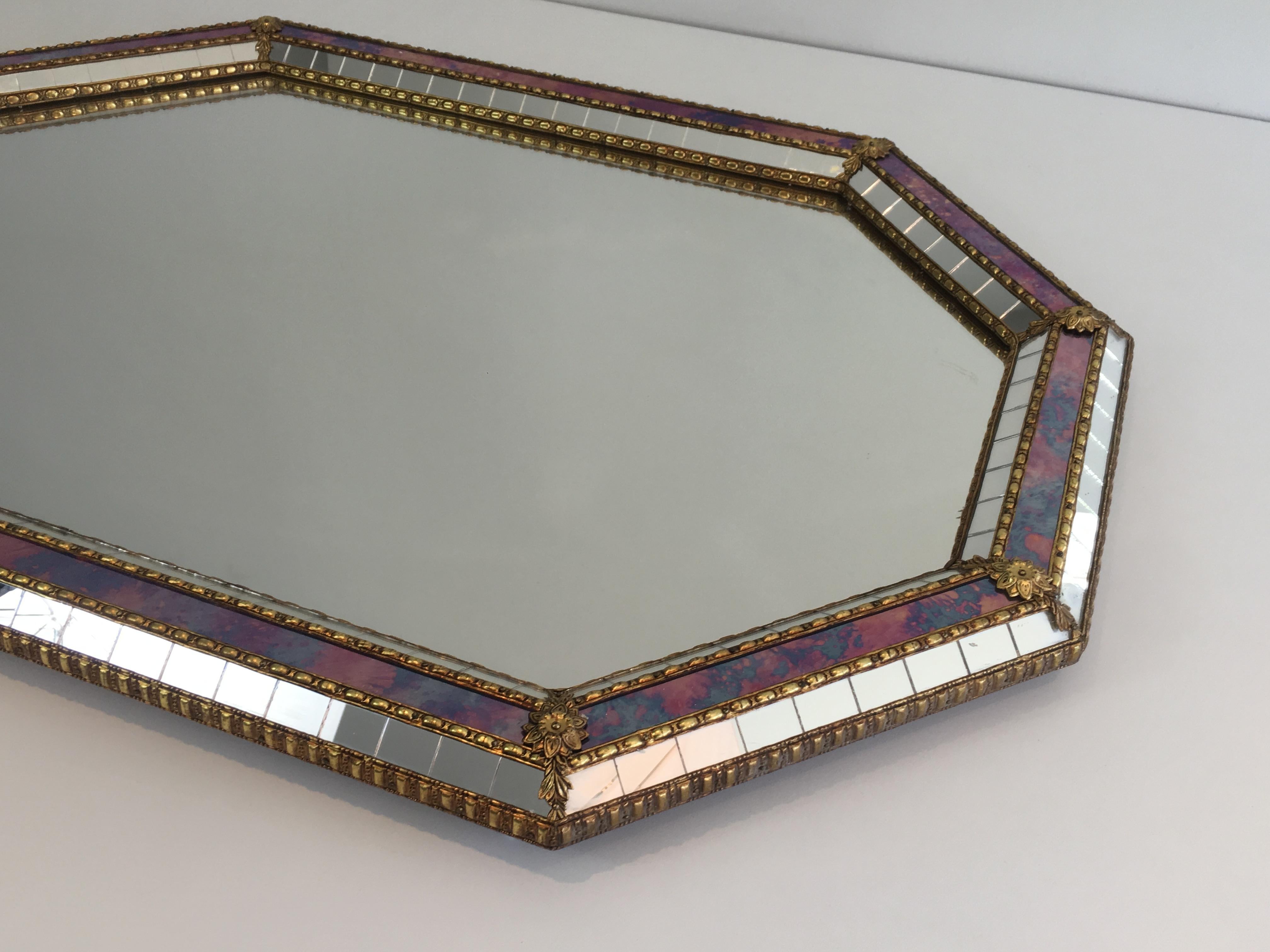 Octogonal Mirror made of Brass Garlands and Flowers and Mirror Faceted, French 1