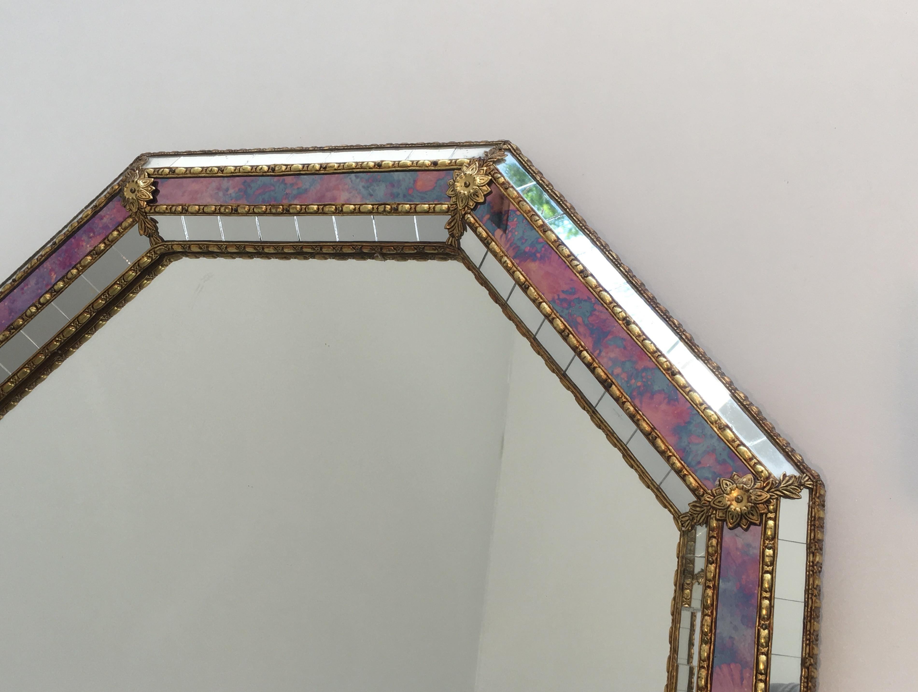 Octogonal Mirror made of Brass Garlands and Flowers and Mirror Faceted, French 2