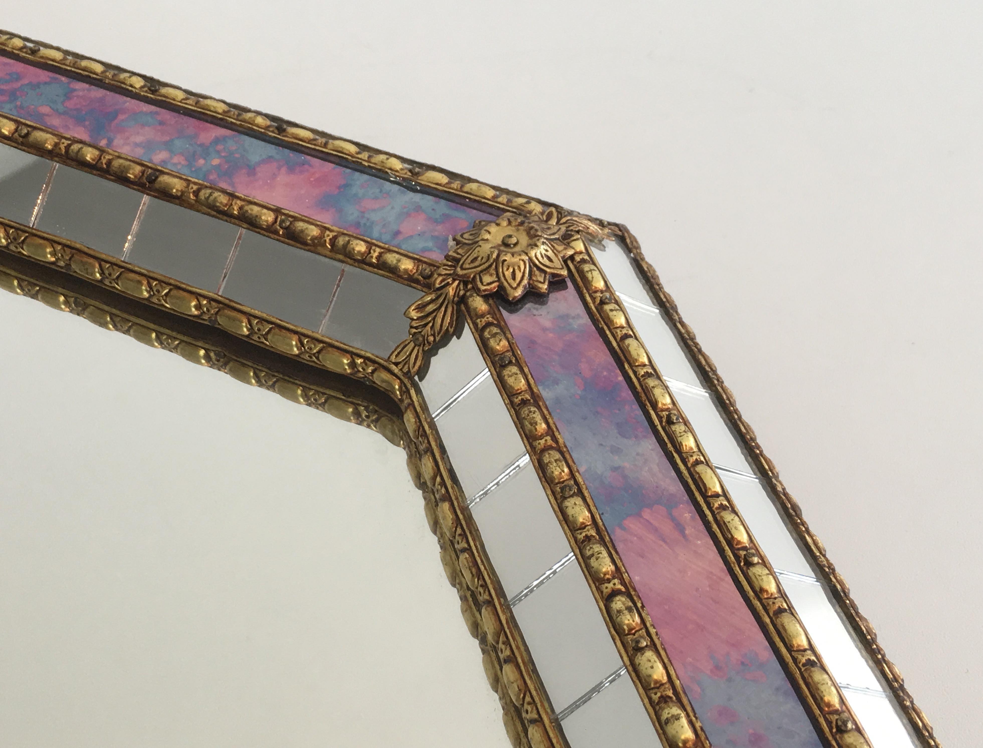 Octogonal Mirror made of Brass Garlands and Flowers and Mirror Faceted, French 3