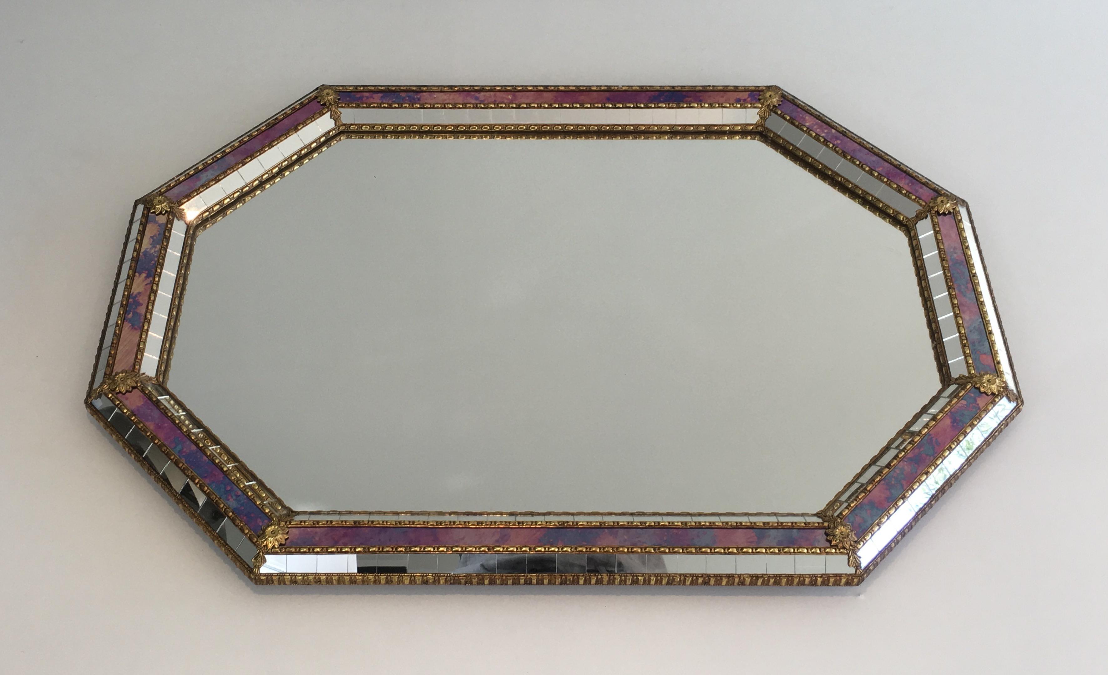Octogonal Mirror made of Brass Garlands and Flowers and Mirror Faceted, French 4