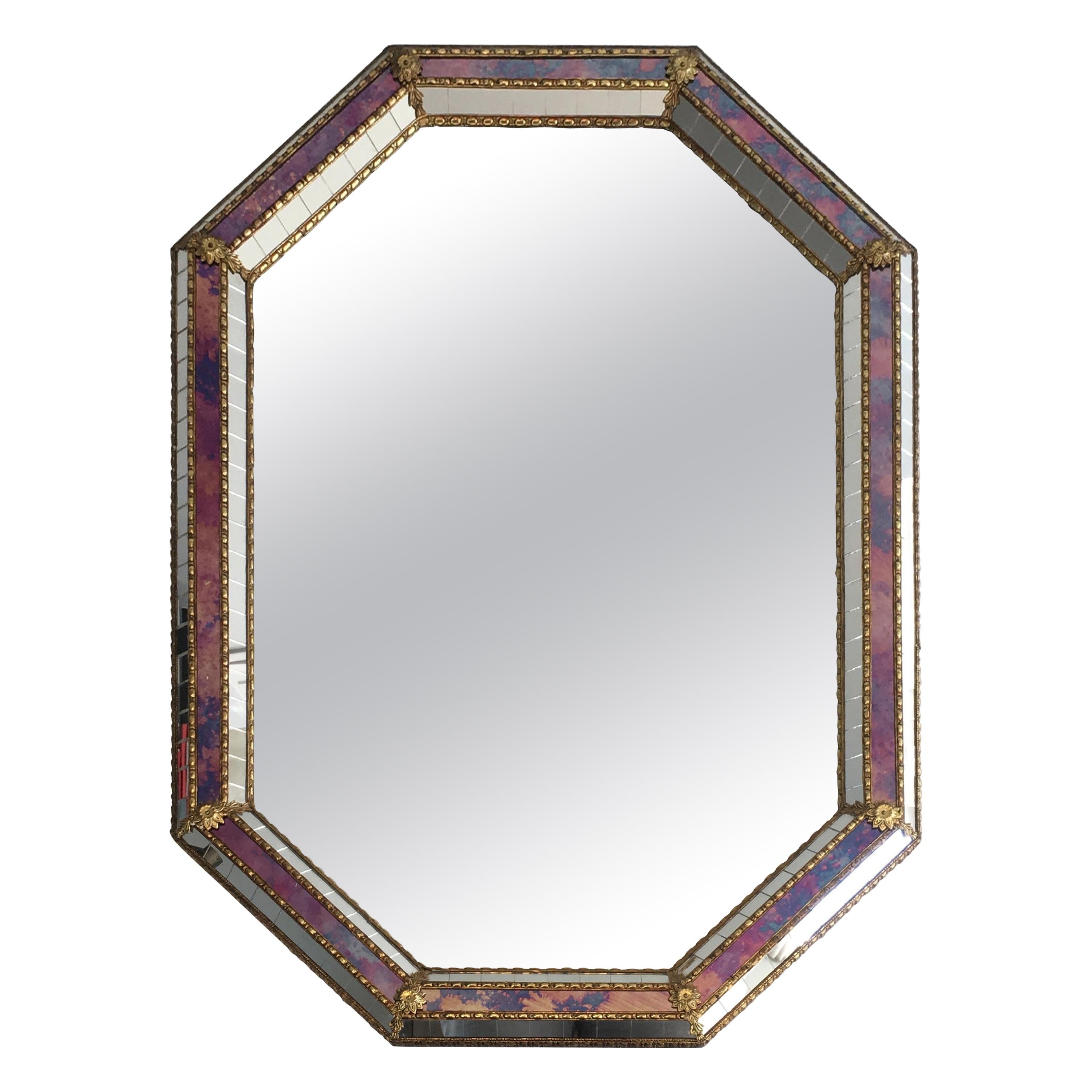 Octogonal Mirror made of Brass Garlands and Flowers and Mirror Faceted, French
