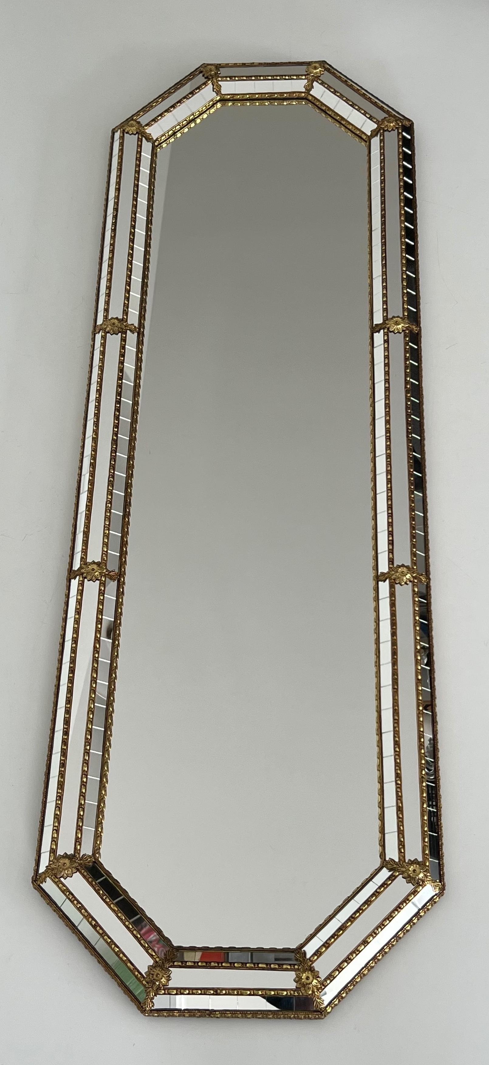 Mid-Century Modern Octogonal Multi-Facets Mirror with Brass Garlands For Sale