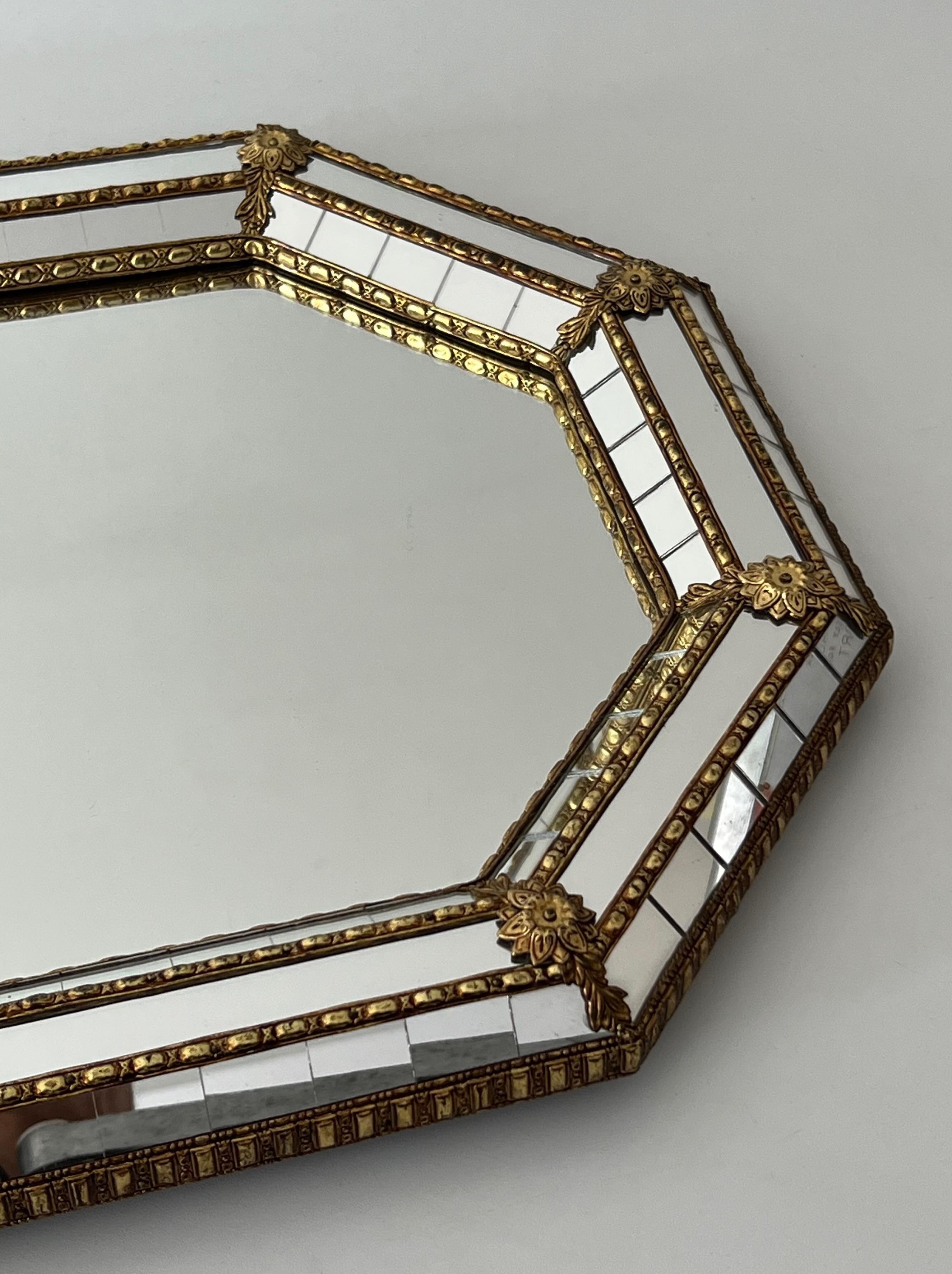 Late 20th Century Octogonal Multi-Facets Mirror with Brass Garlands For Sale