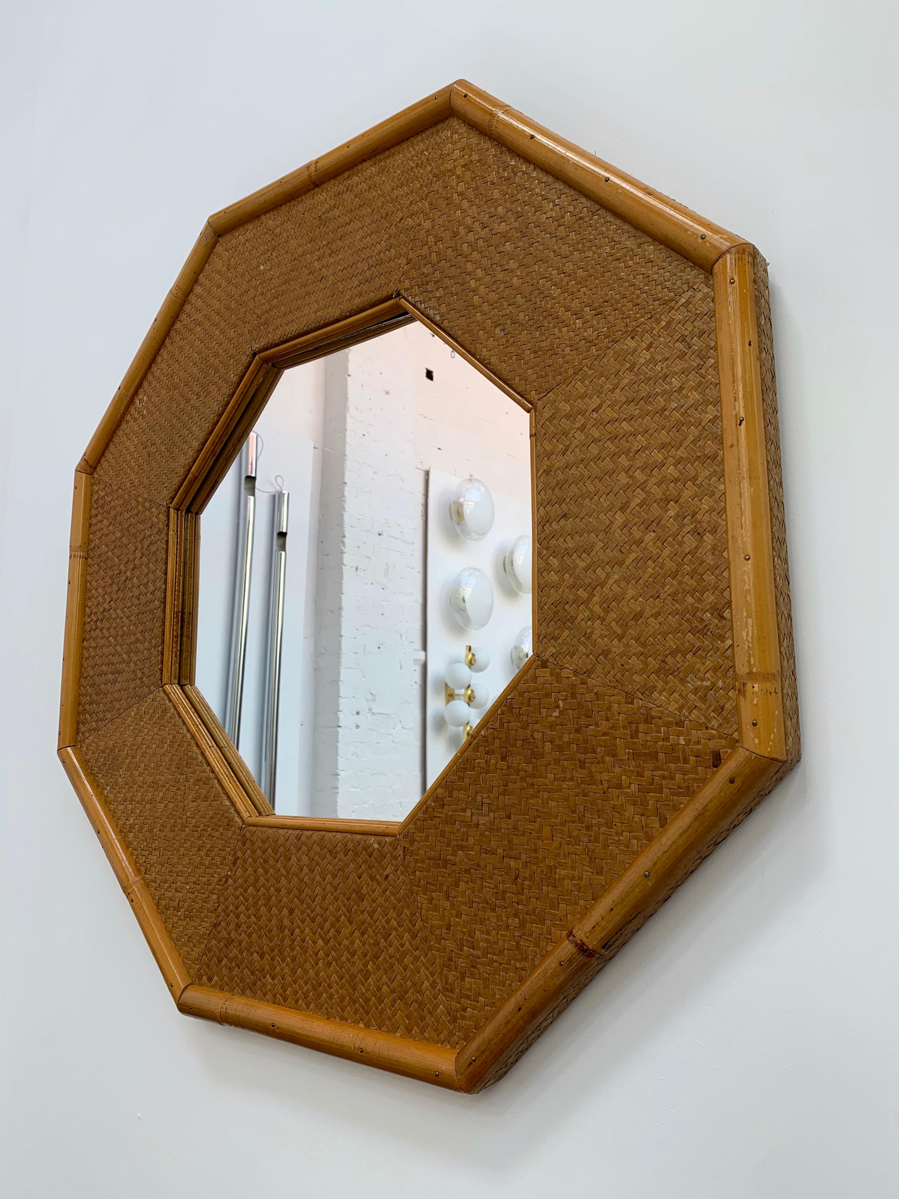 Mid-Century Modern Octagonal Rattan Bamboo Mirror, Italy, 1970s