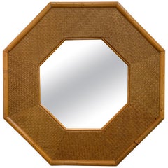 Octagonal Rattan Bamboo Mirror, Italy, 1970s