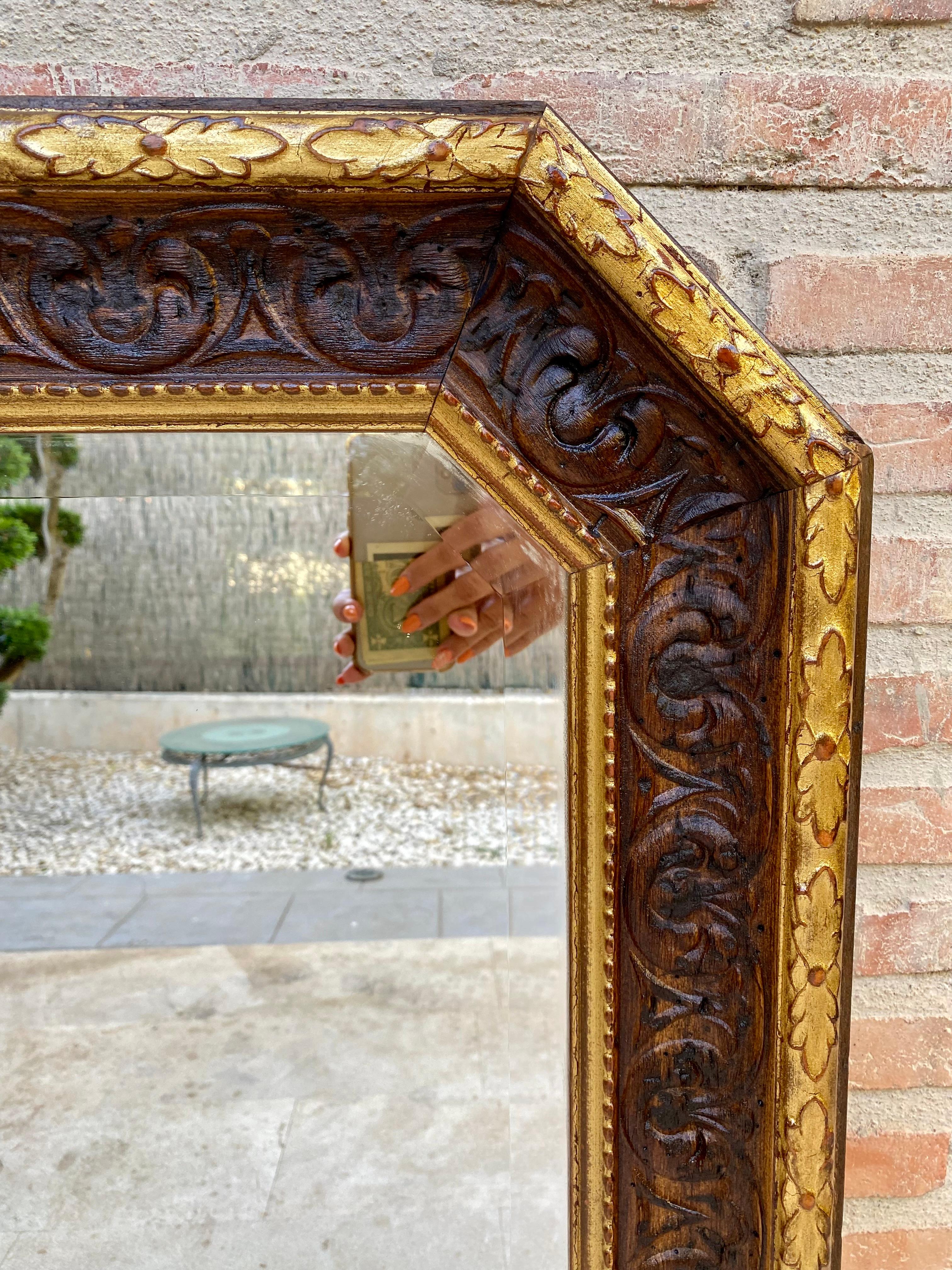 French Provincial Octogonal Wall Mirror with Carved Gold Wooden Frame, 1940s For Sale