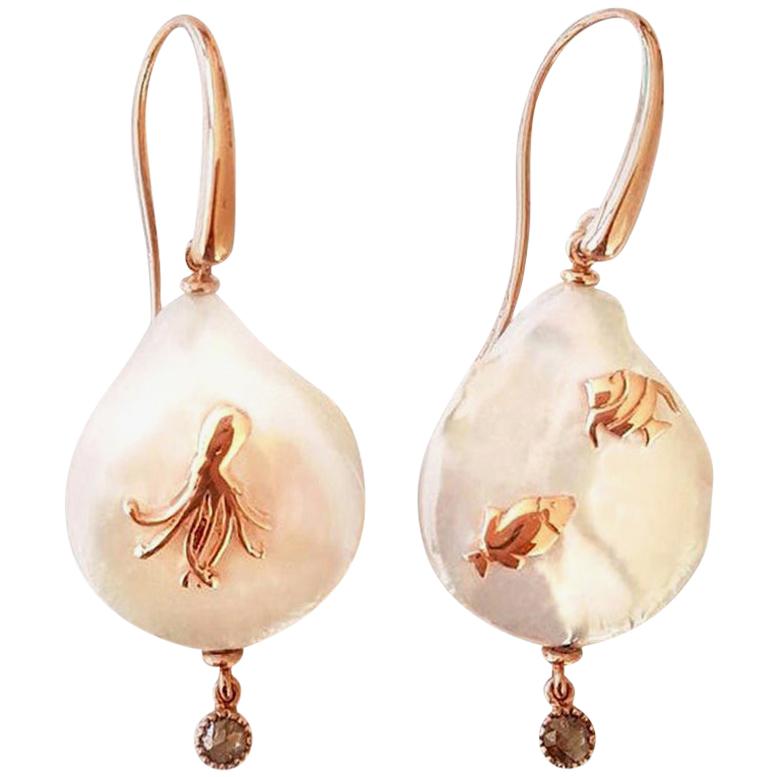 Contemporary 18 Karat Rose Gold Pearl Diamond Octopus and Fish Drop Earrings For Sale
