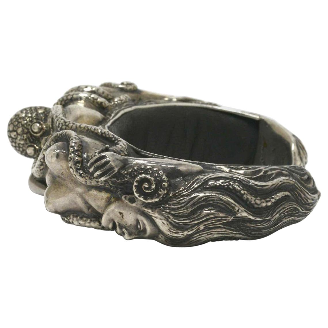 Octopus and Woman Silver Bangle Bracelet Cuff Japanese Shunga Erotic Statement