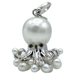 Octopus Black Diamond White 18 Karat Gold Pearl Pendant/Necklace and Charm