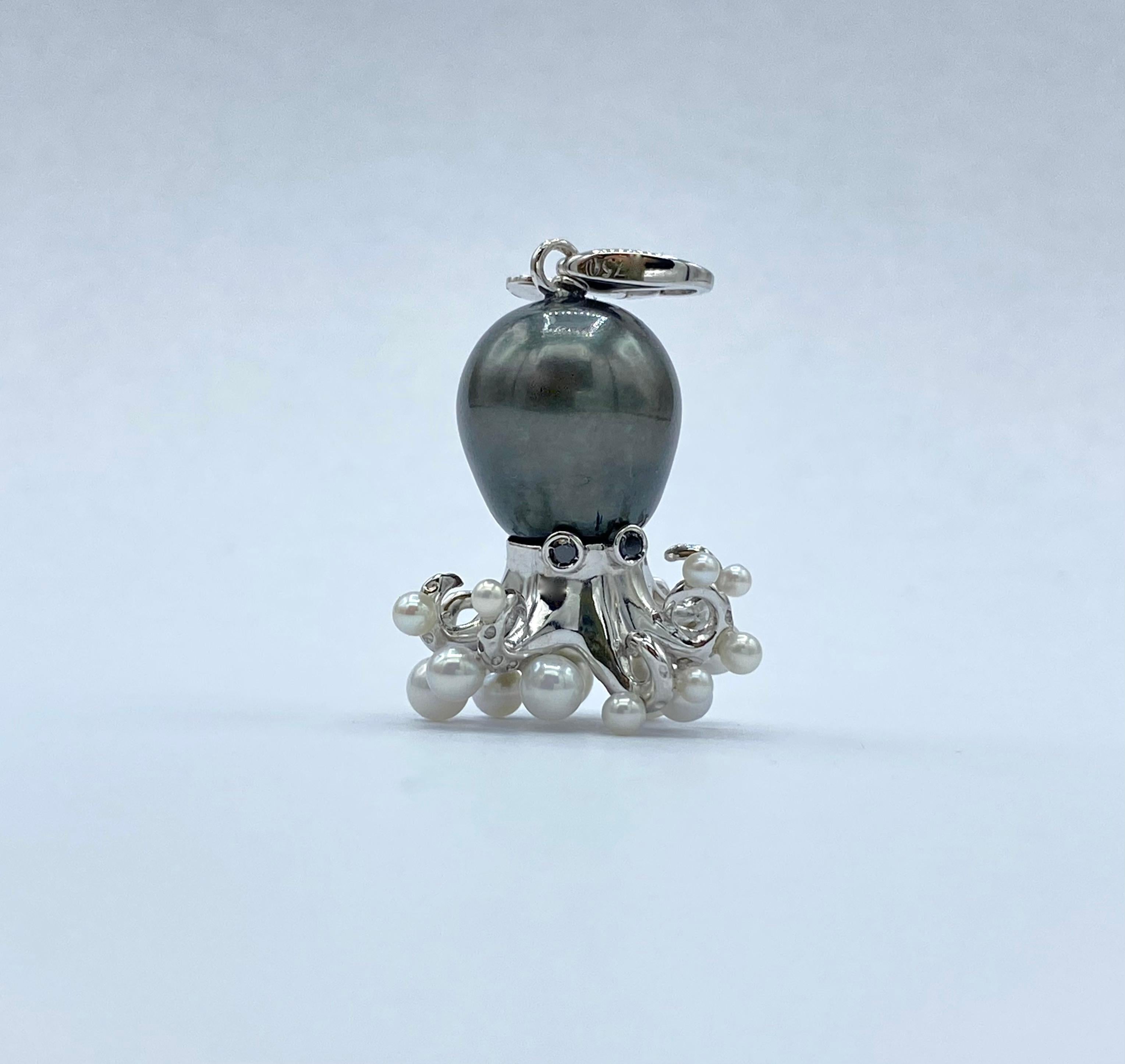 Octopus Black Diamond White 18kt Gold Tahitian Pearl Pendant/Necklace and Charm 6