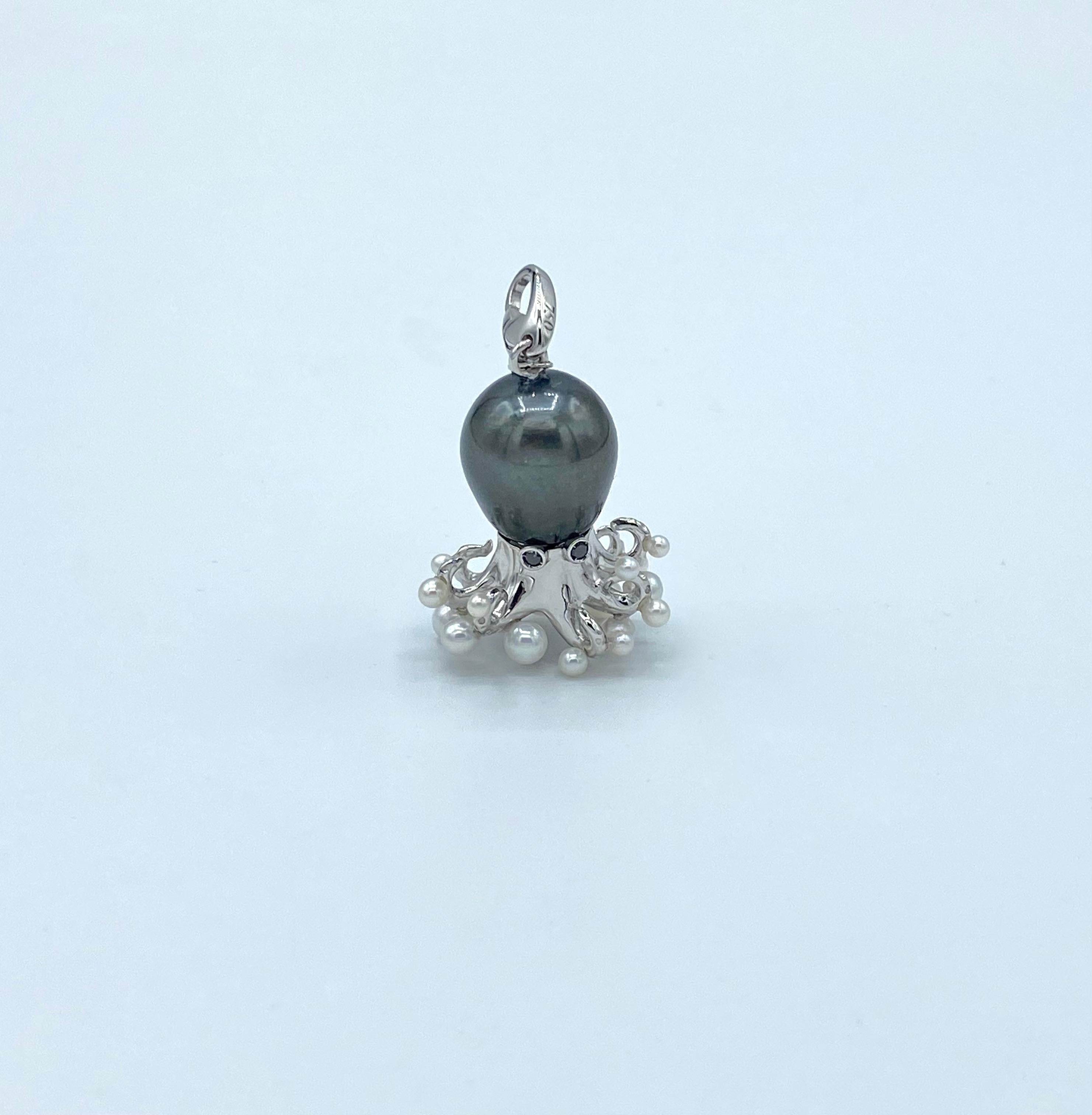 Contemporary Octopus Black Diamond White 18kt Gold Tahitian Pearl Pendant/Necklace and Charm