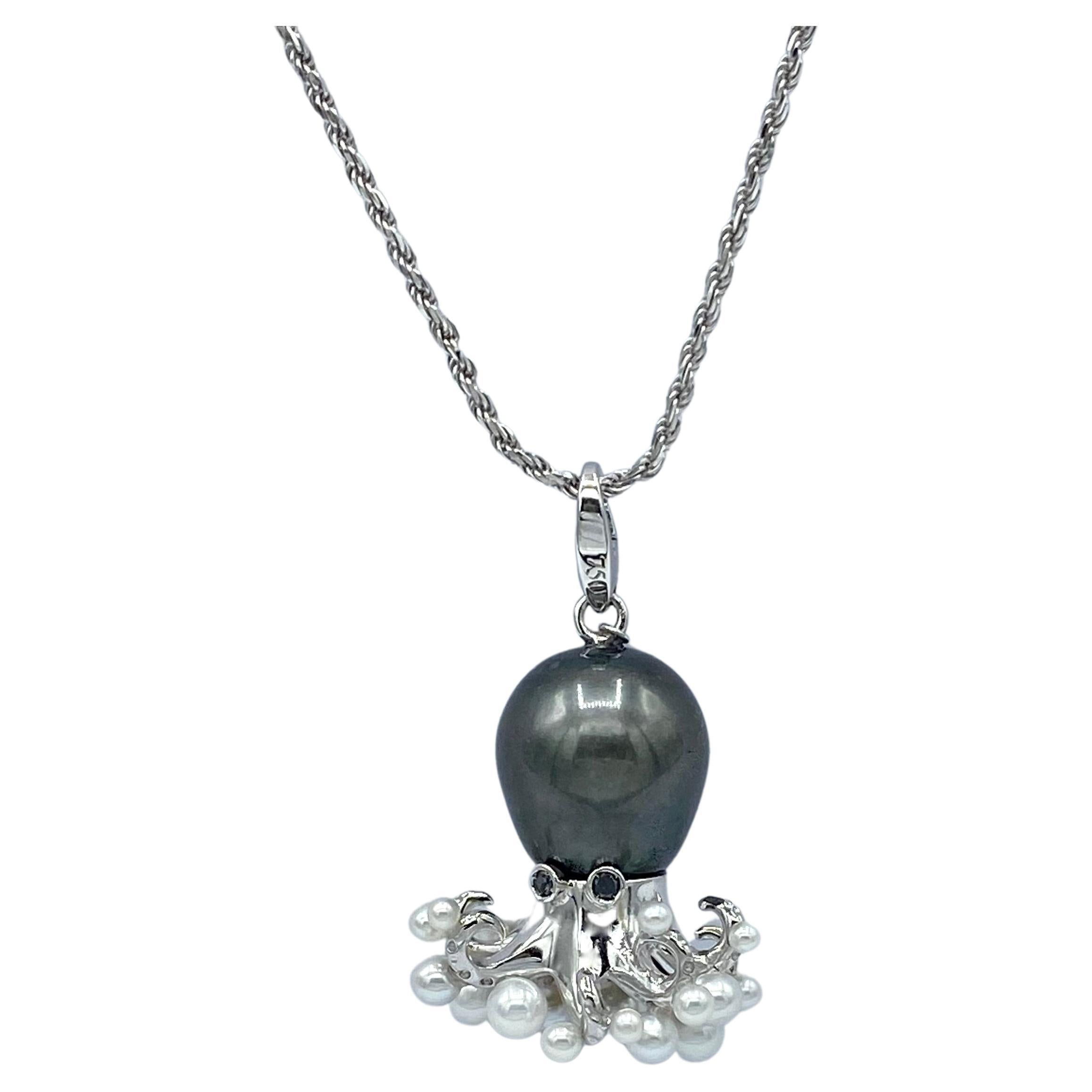 Octopus Black Diamond White 18kt Gold Tahitian Pearl Pendant/Necklace and Charm