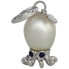 Octopus Blue Sapphire White 18 Karat Gold Pearl Pendant/Necklace and Charm