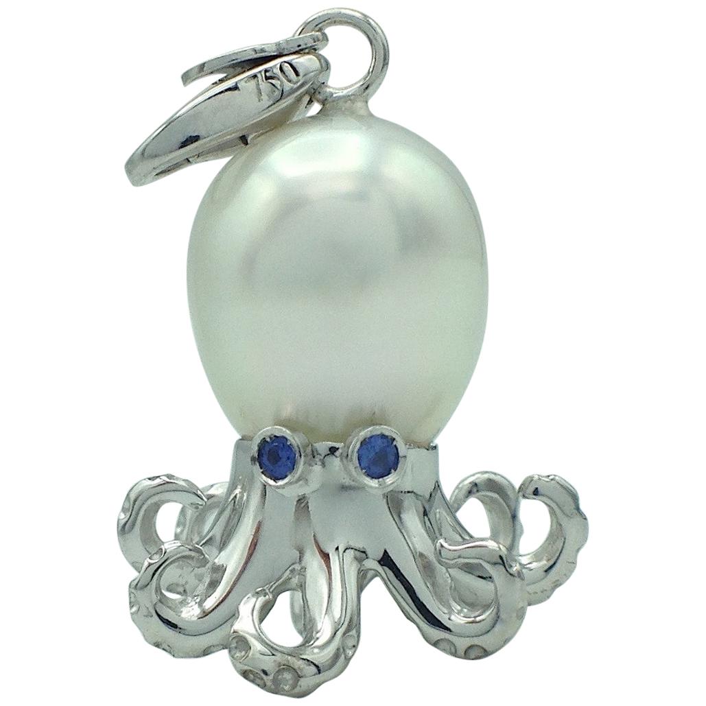 Octopus Blue Sapphire White 18 Karat Gold Pearl Pendant/Necklace and Charm